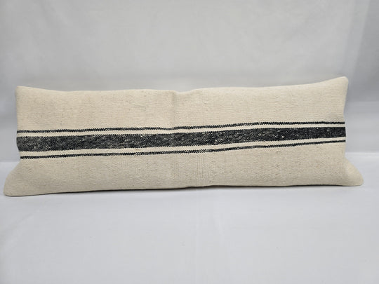 Turkish Lumbar Rug Pillow Cream Black Cushion Cover Hemp Pillow 14" x 40" #9374