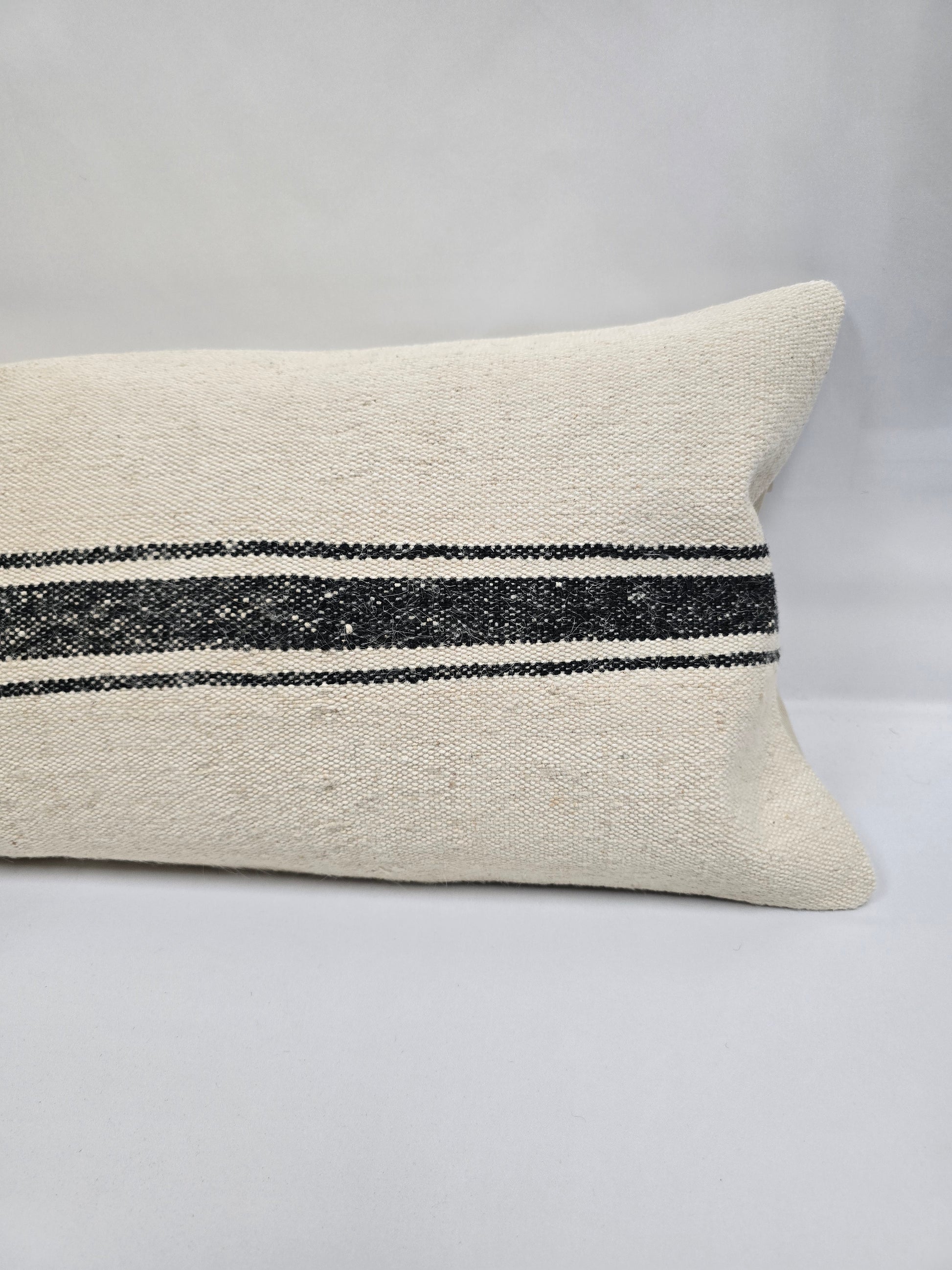 Turkish Lumbar Rug Pillow Cream Black Cushion Cover Hemp Pillow 14" x 40" #9374