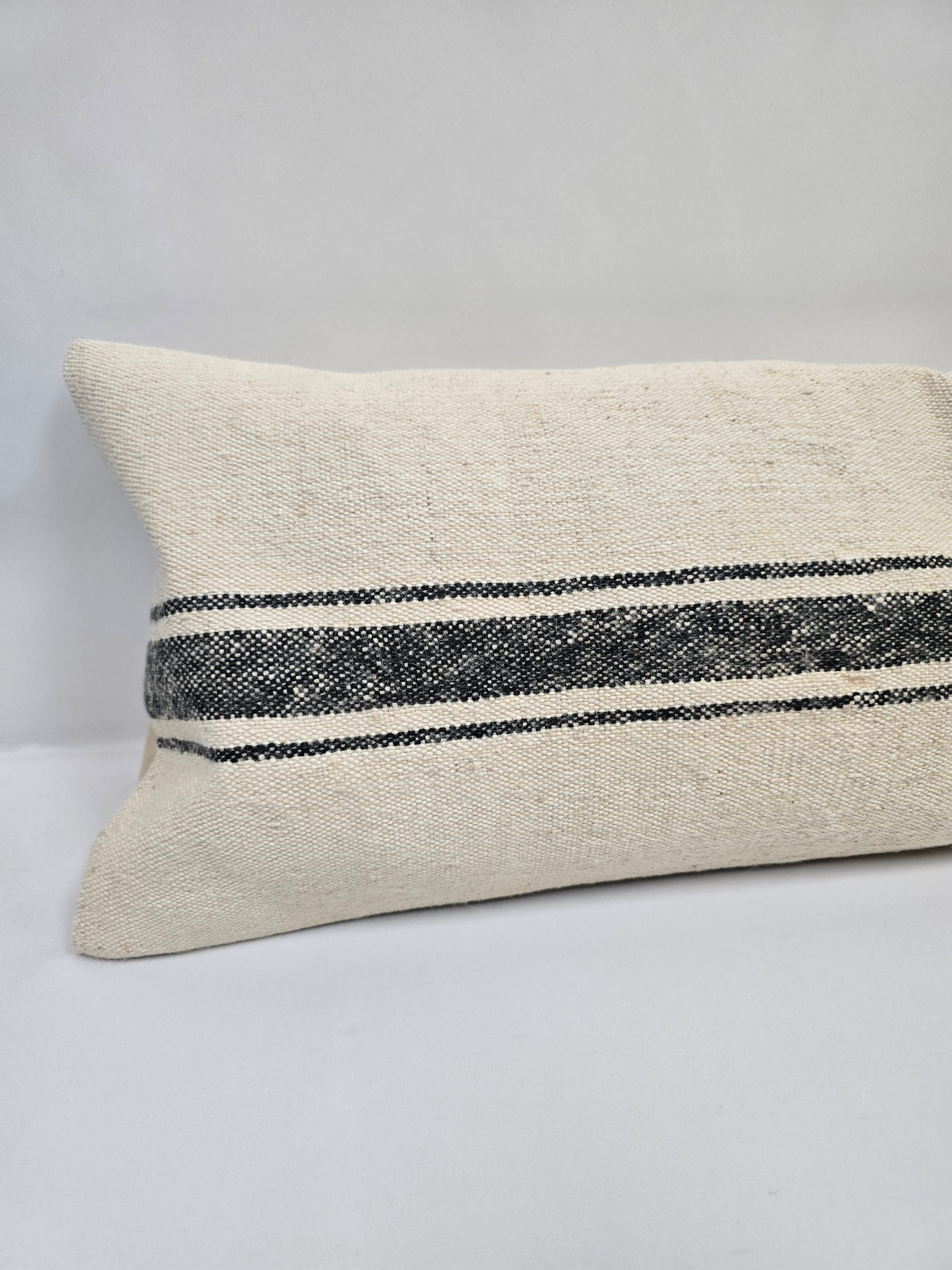 Turkish Lumbar Rug Pillow Cream Black Cushion Cover Hemp Pillow 14" x 40" #9374