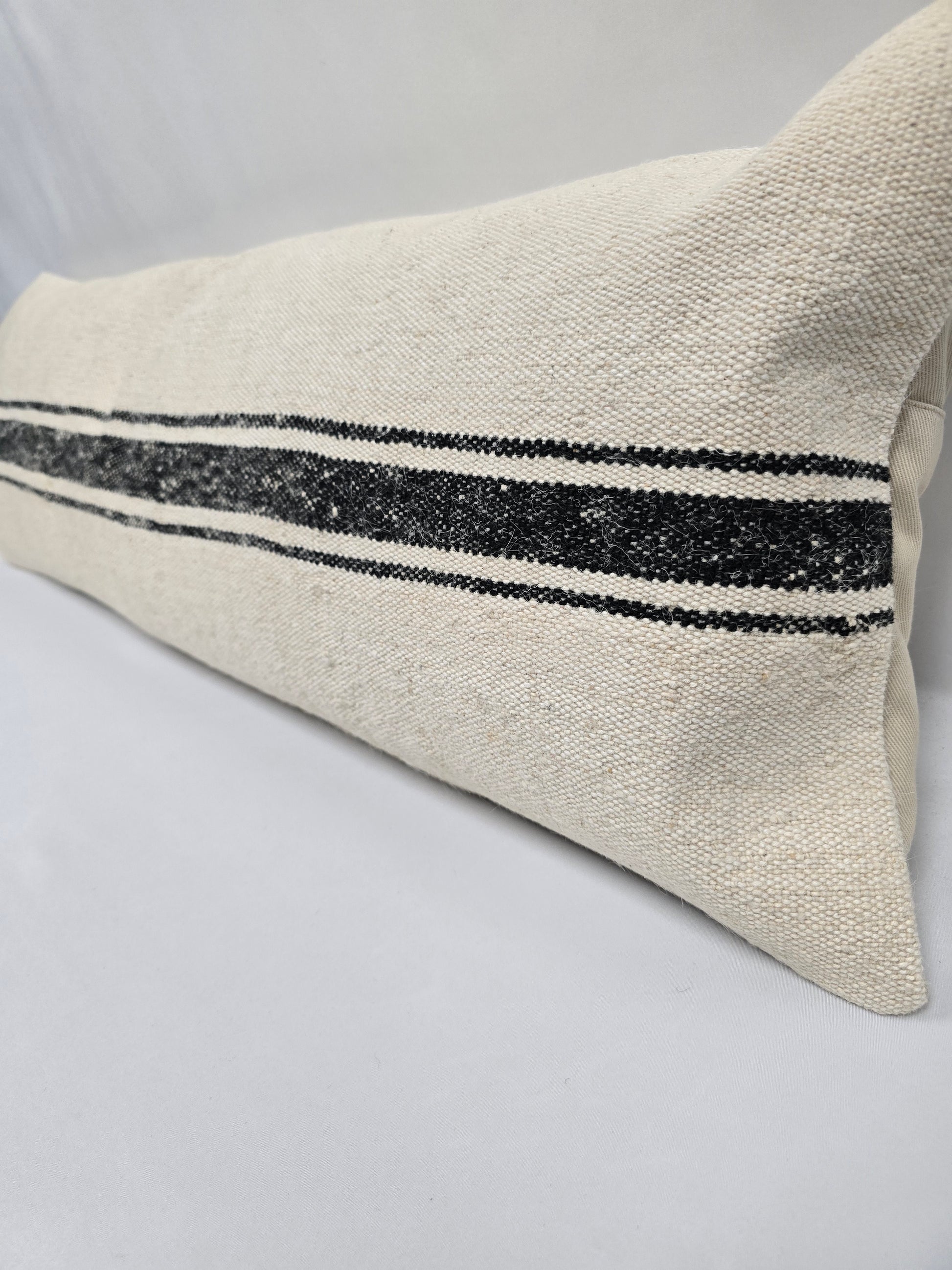 Turkish Lumbar Rug Pillow Cream Black Cushion Cover Hemp Pillow 14" x 40" #9374