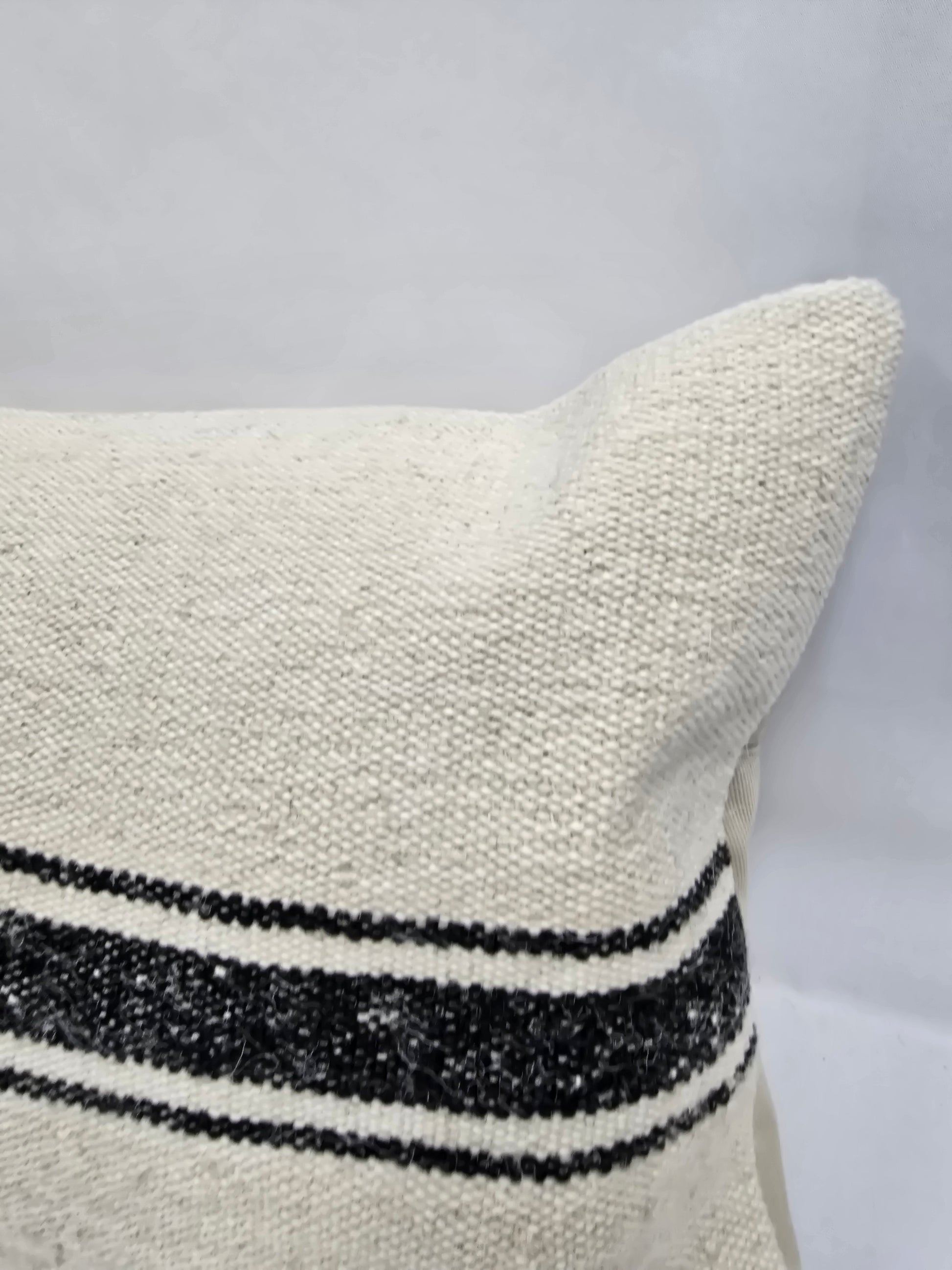 Turkish Lumbar Rug Pillow Cream Black Cushion Cover Hemp Pillow 14" x 40" #9374