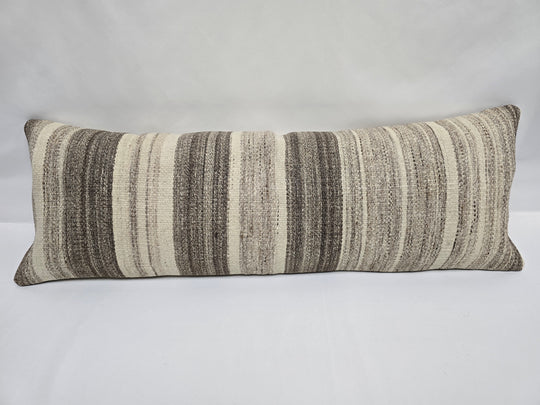 Turkish Lumbar Rug Pillow Cream Beige Brown Cushion Cover Hemp Pillow 14" x 40" #9373