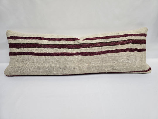 Turkish Lumbar Rug Pillow Cream Burgundy Green Cushion Cover Hemp Pillow 14" x 40" #9427