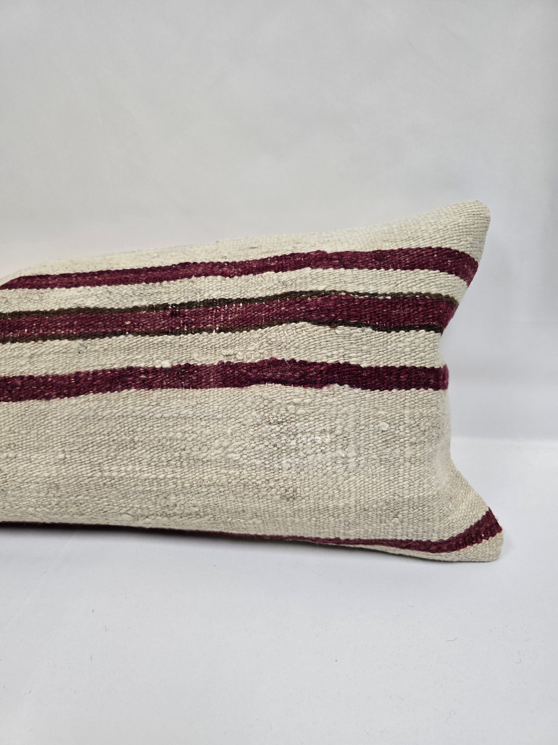 Turkish Lumbar Rug Pillow Cream Burgundy Green Cushion Cover Hemp Pillow 14" x 40" #9427