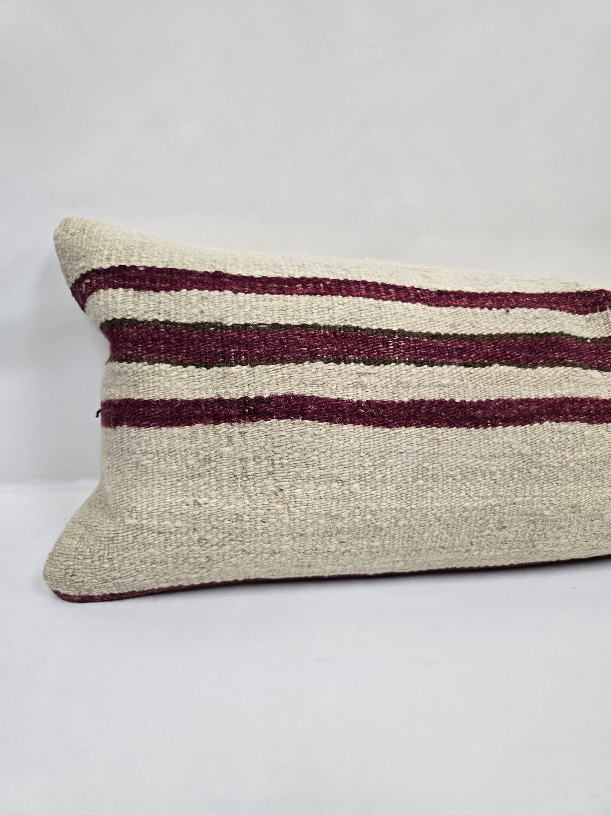 Turkish Lumbar Rug Pillow Cream Burgundy Green Cushion Cover Hemp Pillow 14" x 40" #9427
