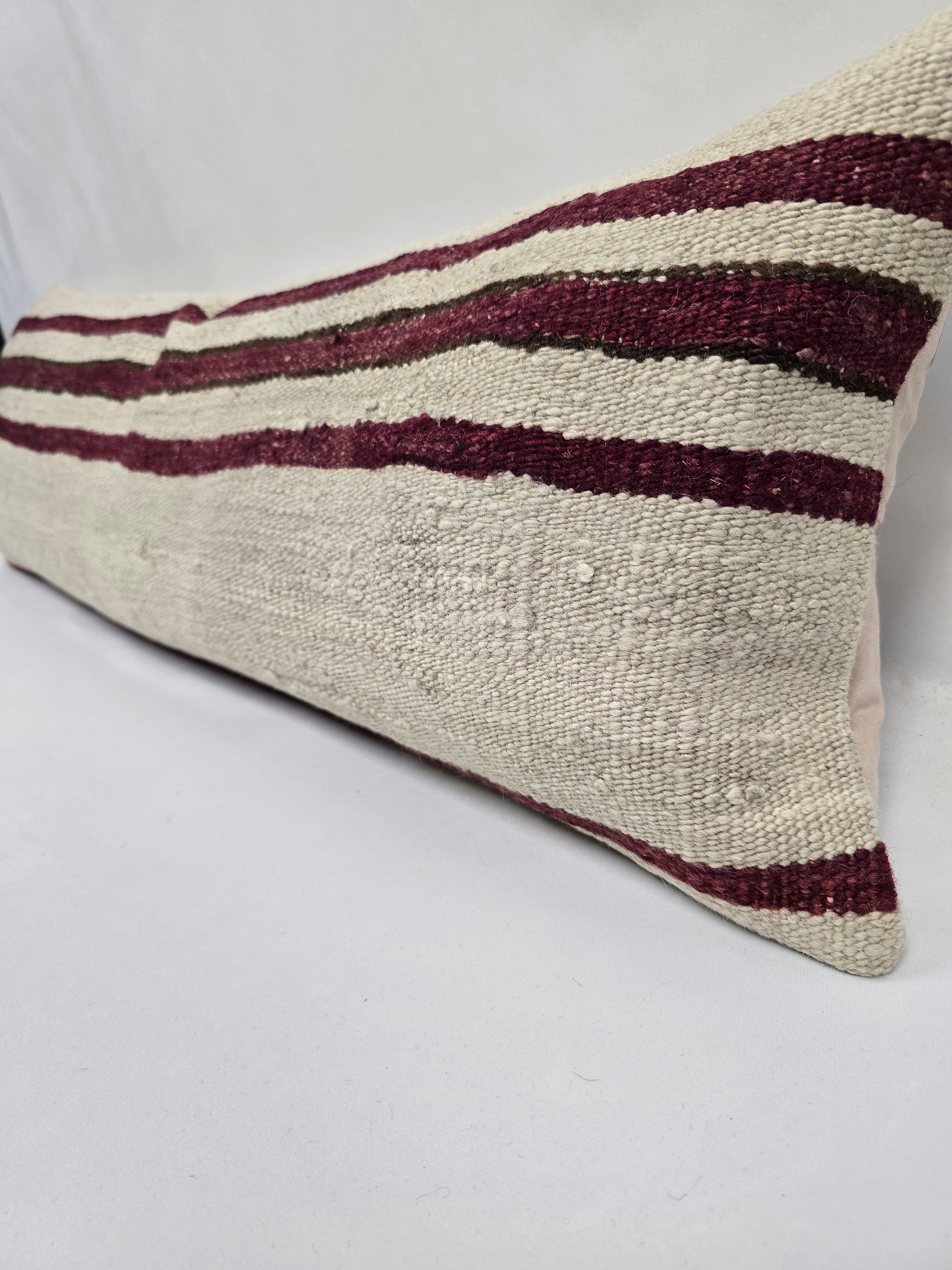 Turkish Lumbar Rug Pillow Cream Burgundy Green Cushion Cover Hemp Pillow 14" x 40" #9427