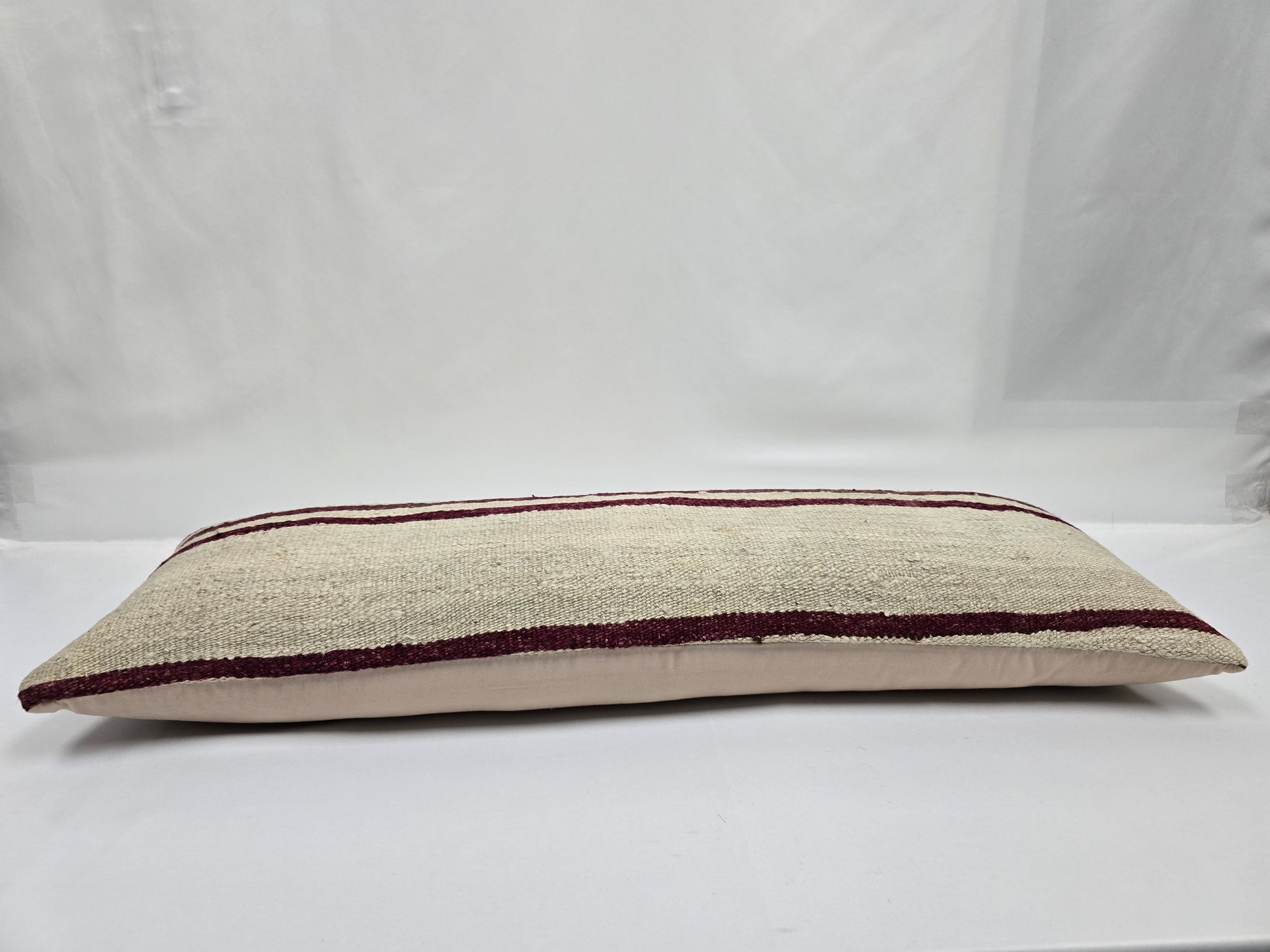 Turkish Lumbar Rug Pillow Cream Burgundy Green Cushion Cover Hemp Pillow 14" x 40" #9427