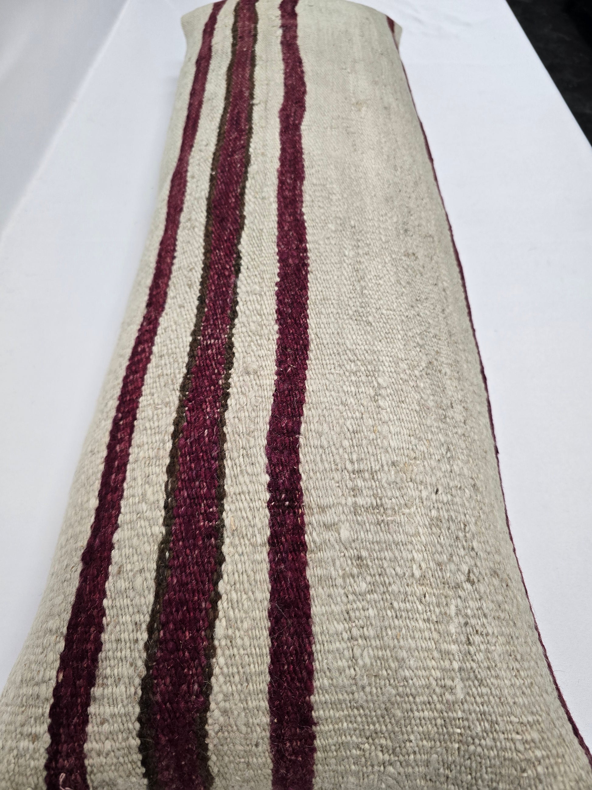 Turkish Lumbar Rug Pillow Cream Burgundy Green Cushion Cover Hemp Pillow 14" x 40" #9427