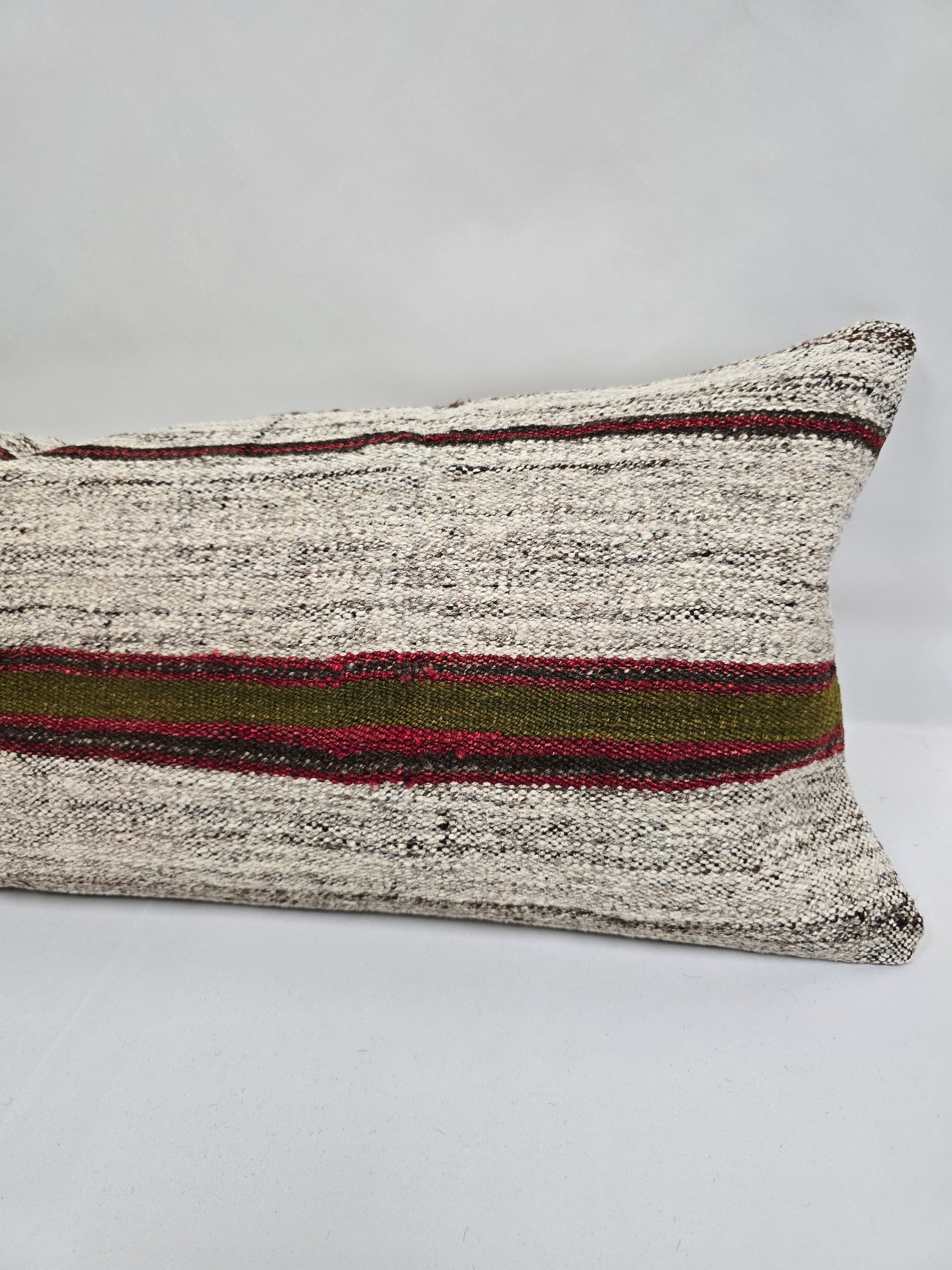 Turkish Lumbar Rug Pillow Gray Red Green Cushion Cover Hemp Pillow 14" x 40" #9406