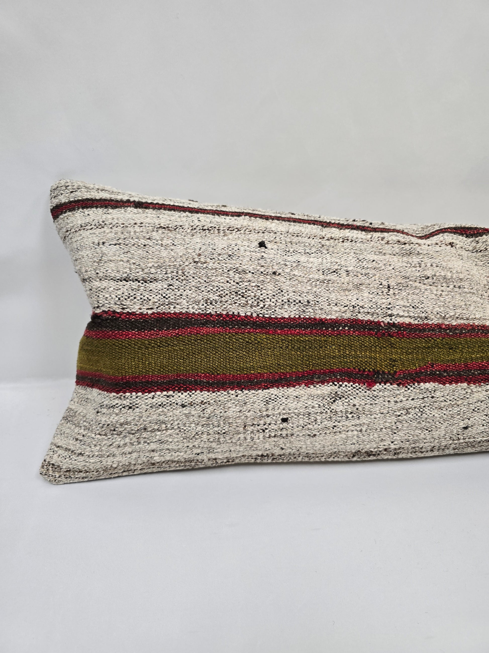 Turkish Lumbar Rug Pillow Gray Red Green Cushion Cover Hemp Pillow 14" x 40" #9406