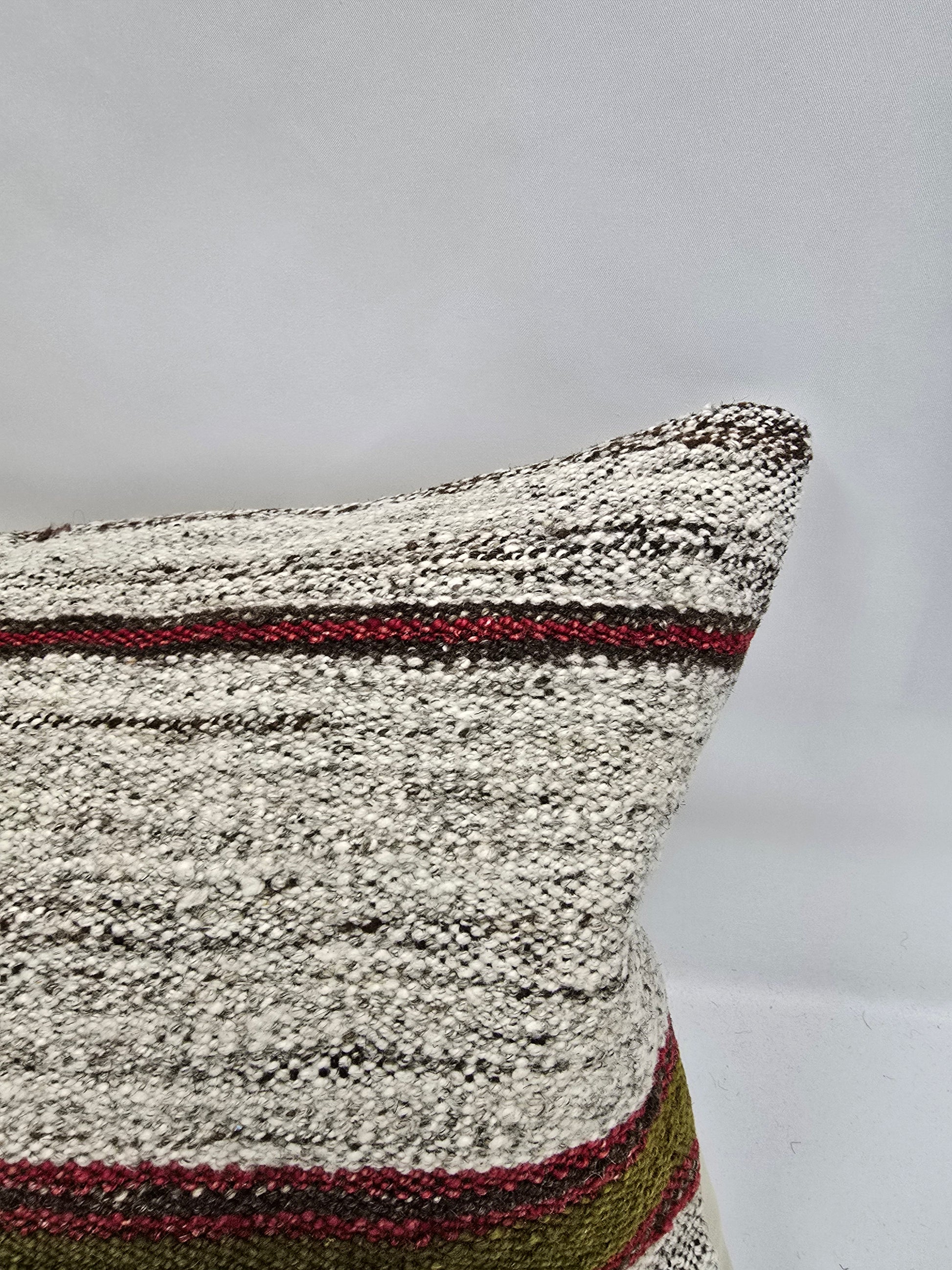 Turkish Lumbar Rug Pillow Gray Red Green Cushion Cover Hemp Pillow 14" x 40" #9406