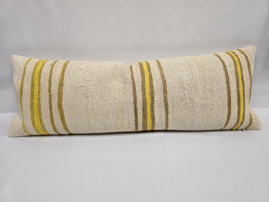 Turkish Lumbar Rug Pillow Cream Brown Yellow Cushion Cover Hemp Pillow 14" x 40" #9404