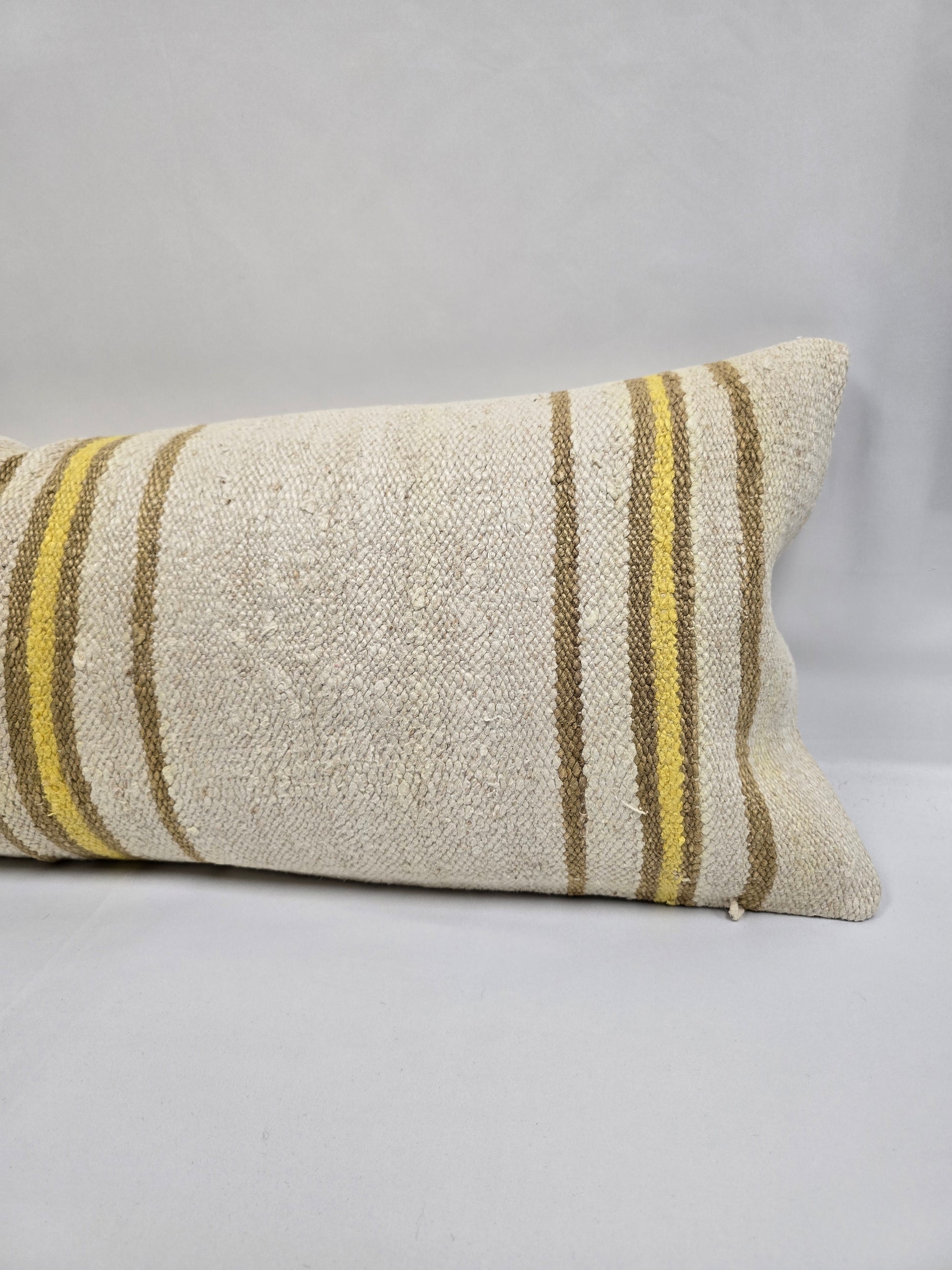 Turkish Lumbar Rug Pillow Cream Brown Yellow Cushion Cover Hemp Pillow 14" x 40" #9404