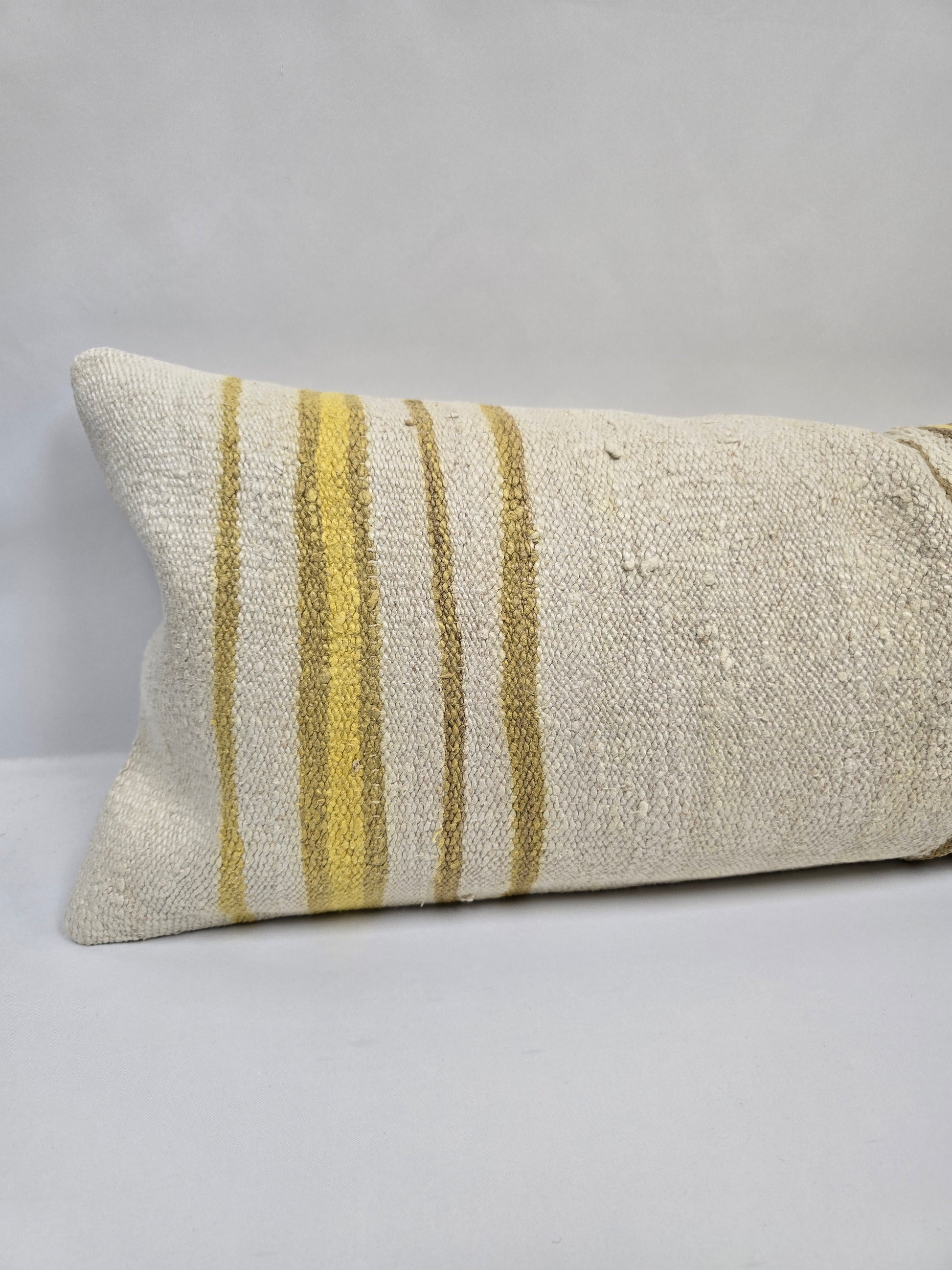 Turkish Lumbar Rug Pillow Cream Brown Yellow Cushion Cover Hemp Pillow 14" x 40" #9404