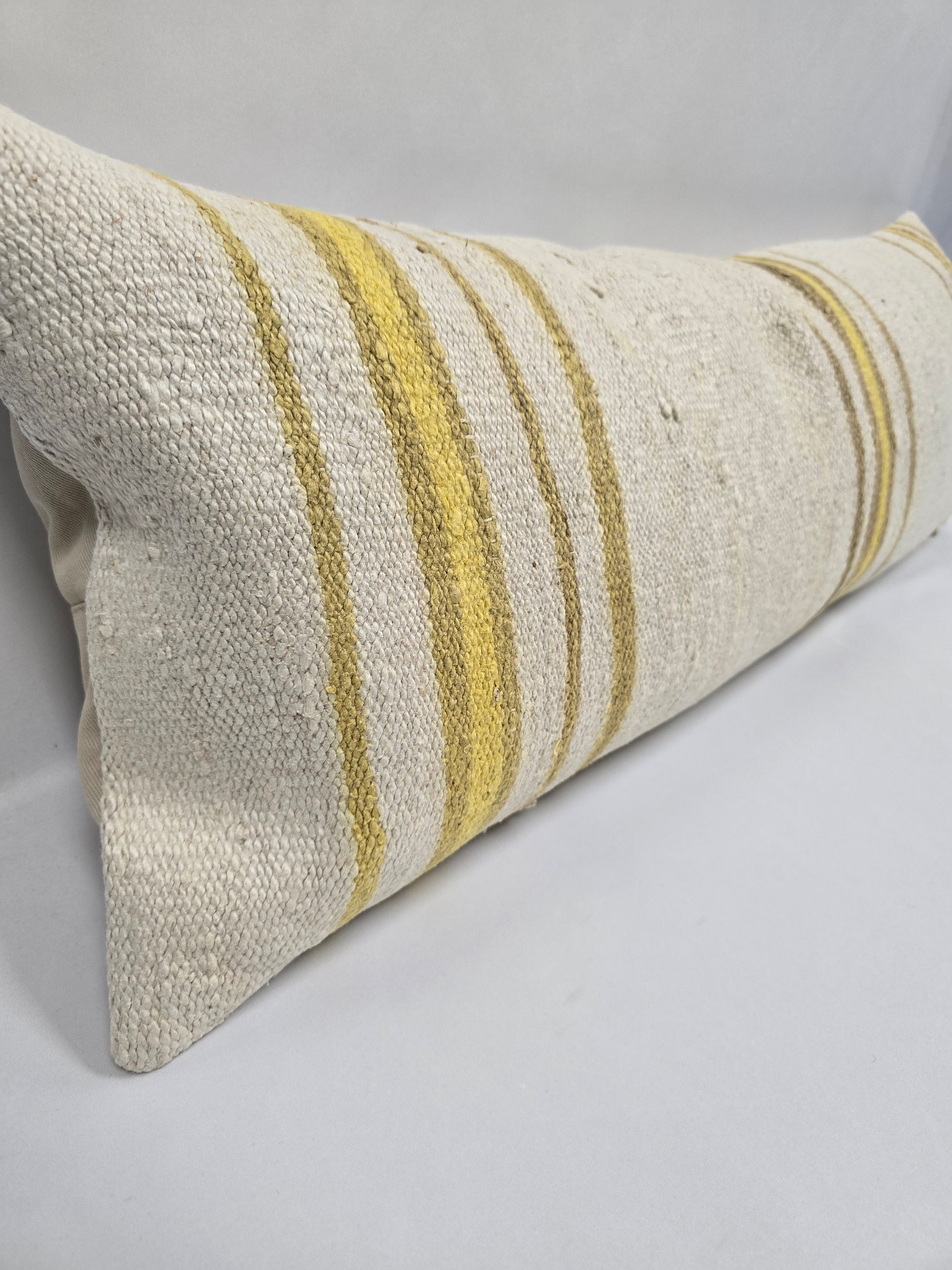 Turkish Lumbar Rug Pillow Cream Brown Yellow Cushion Cover Hemp Pillow 14" x 40" #9404