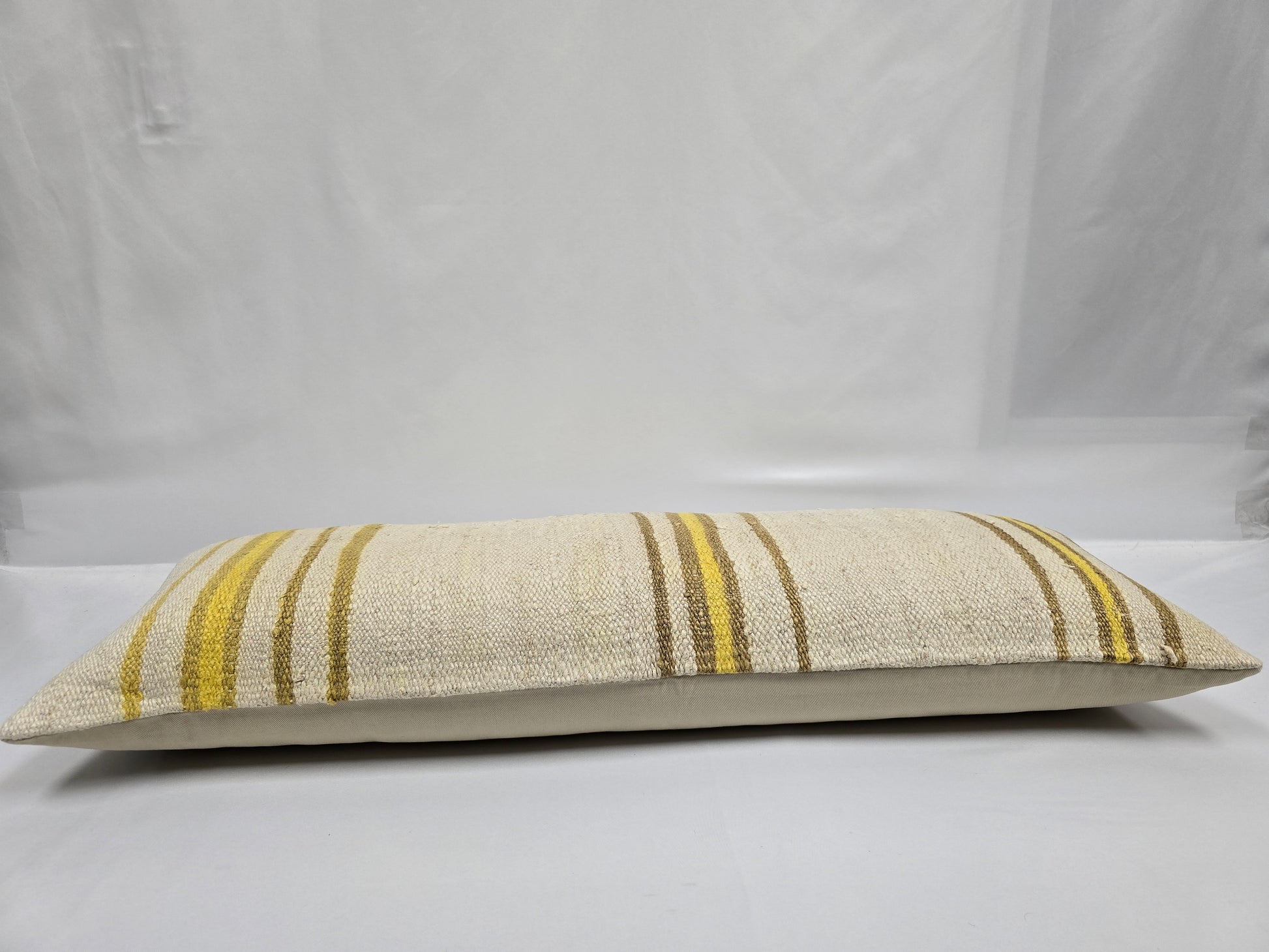 Turkish Lumbar Rug Pillow Cream Brown Yellow Cushion Cover Hemp Pillow 14" x 40" #9404