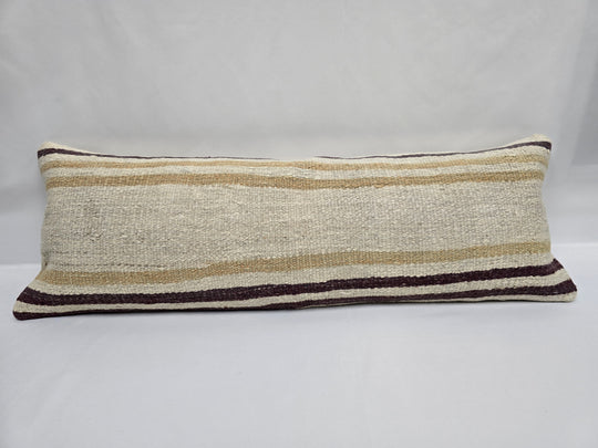 Turkish Lumbar Rug Pillow Cream Purple Cushion Cover Hemp Pillow 14" x 40" #9403
