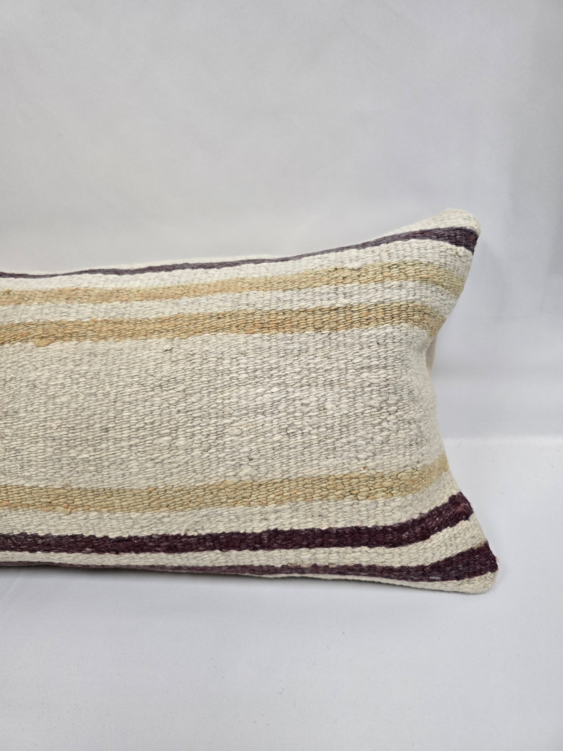 Turkish Lumbar Rug Pillow Cream Purple Cushion Cover Hemp Pillow 14" x 40" #9403