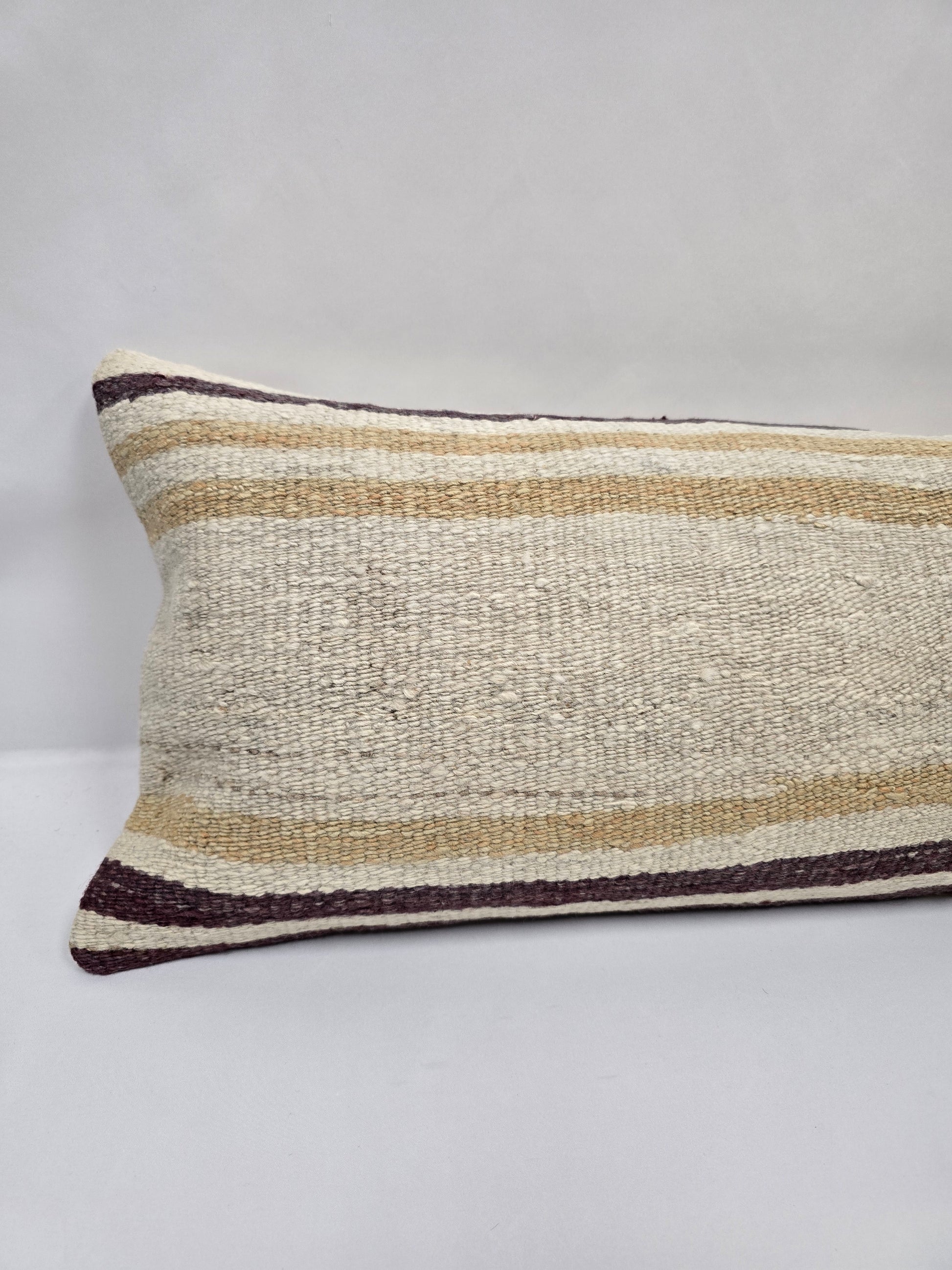 Turkish Lumbar Rug Pillow Cream Purple Cushion Cover Hemp Pillow 14" x 40" #9403