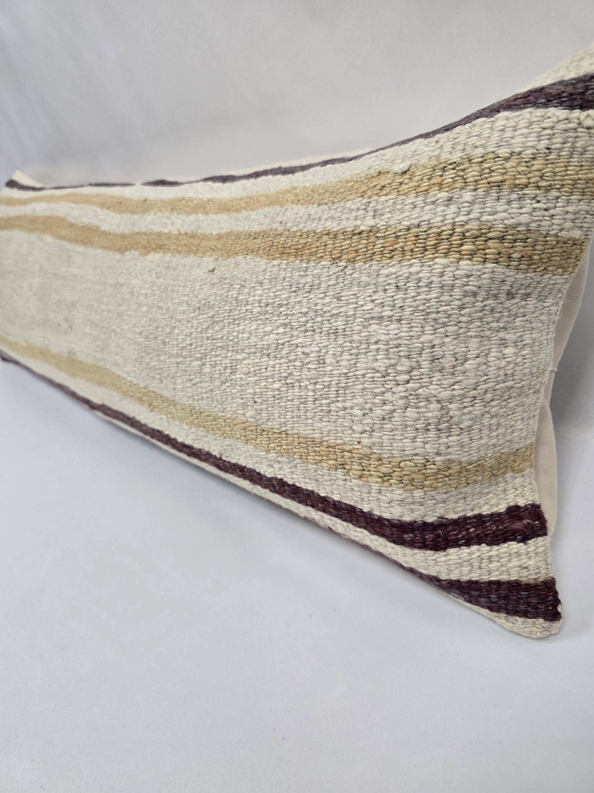 Turkish Lumbar Rug Pillow Cream Purple Cushion Cover Hemp Pillow 14" x 40" #9403