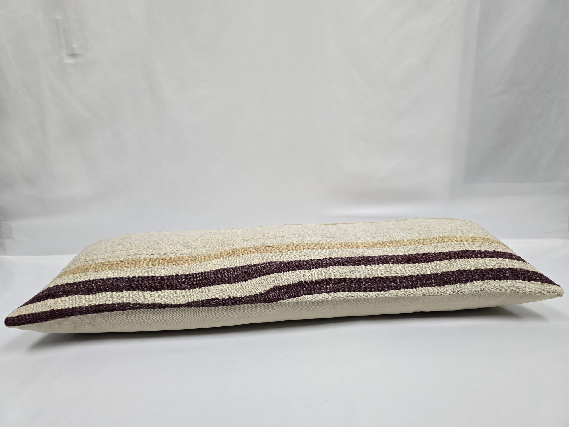 Turkish Lumbar Rug Pillow Cream Purple Cushion Cover Hemp Pillow 14" x 40" #9403