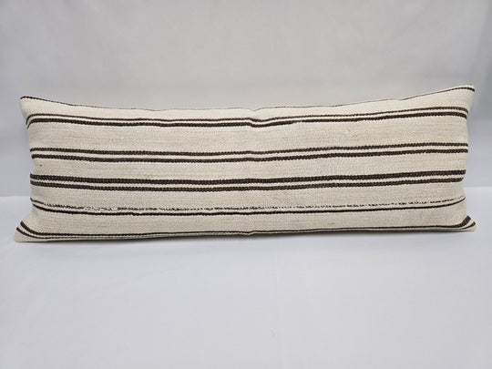 Turkish Lumbar Rug Pillow Cream Brown Cushion Cover Hemp Pillow 14" x 40" #9400