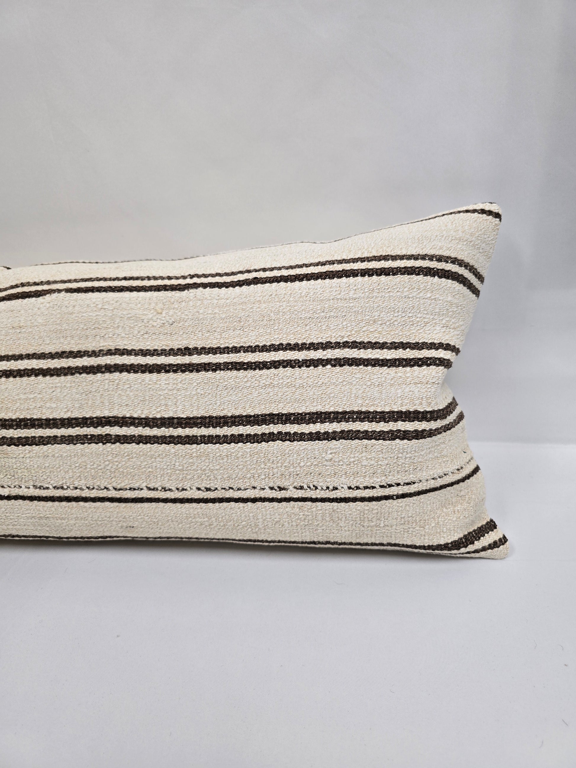 Turkish Lumbar Rug Pillow Cream Brown Cushion Cover Hemp Pillow 14" x 40" #9400