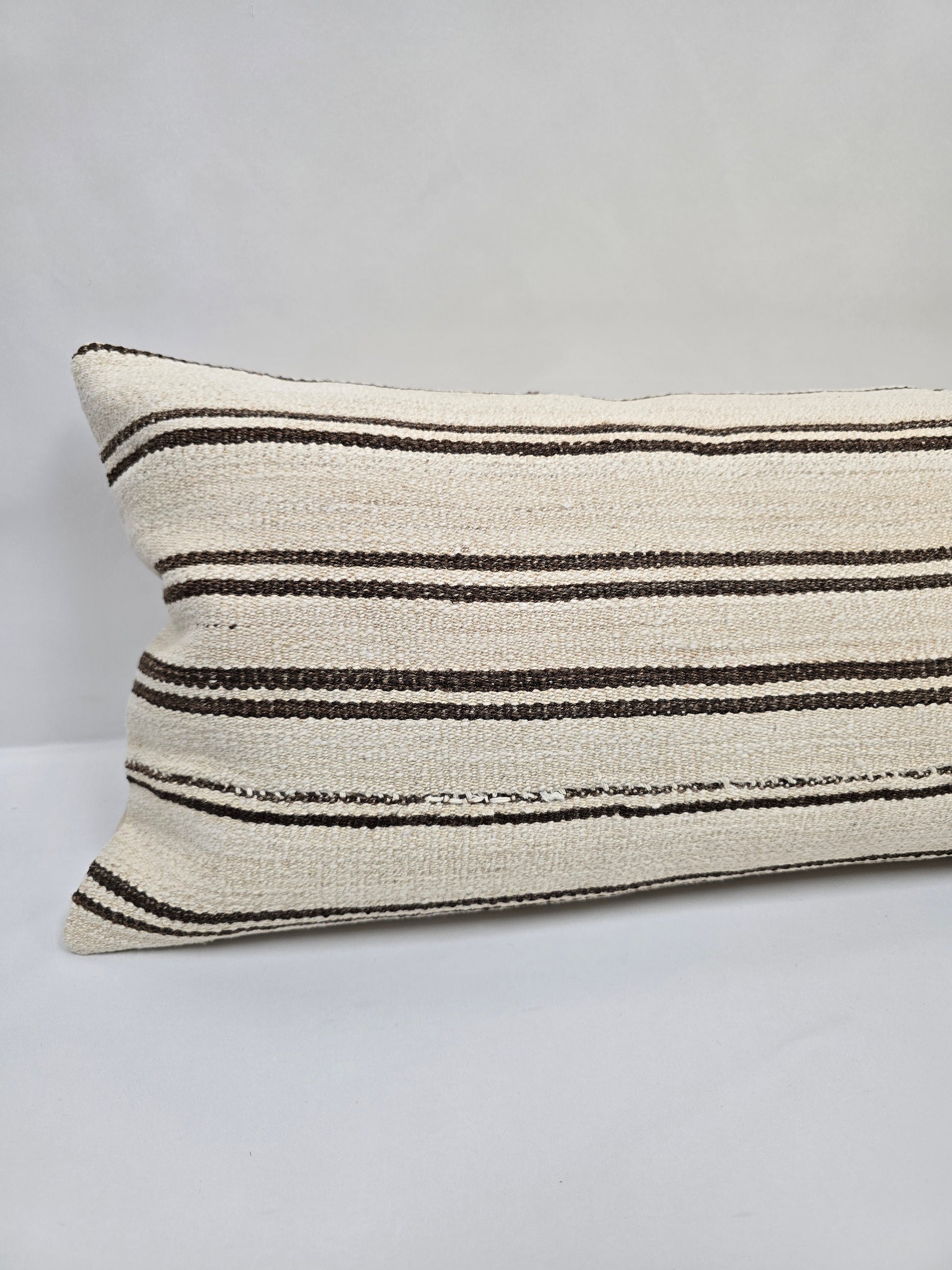 Turkish Lumbar Rug Pillow Cream Brown Cushion Cover Hemp Pillow 14" x 40" #9400