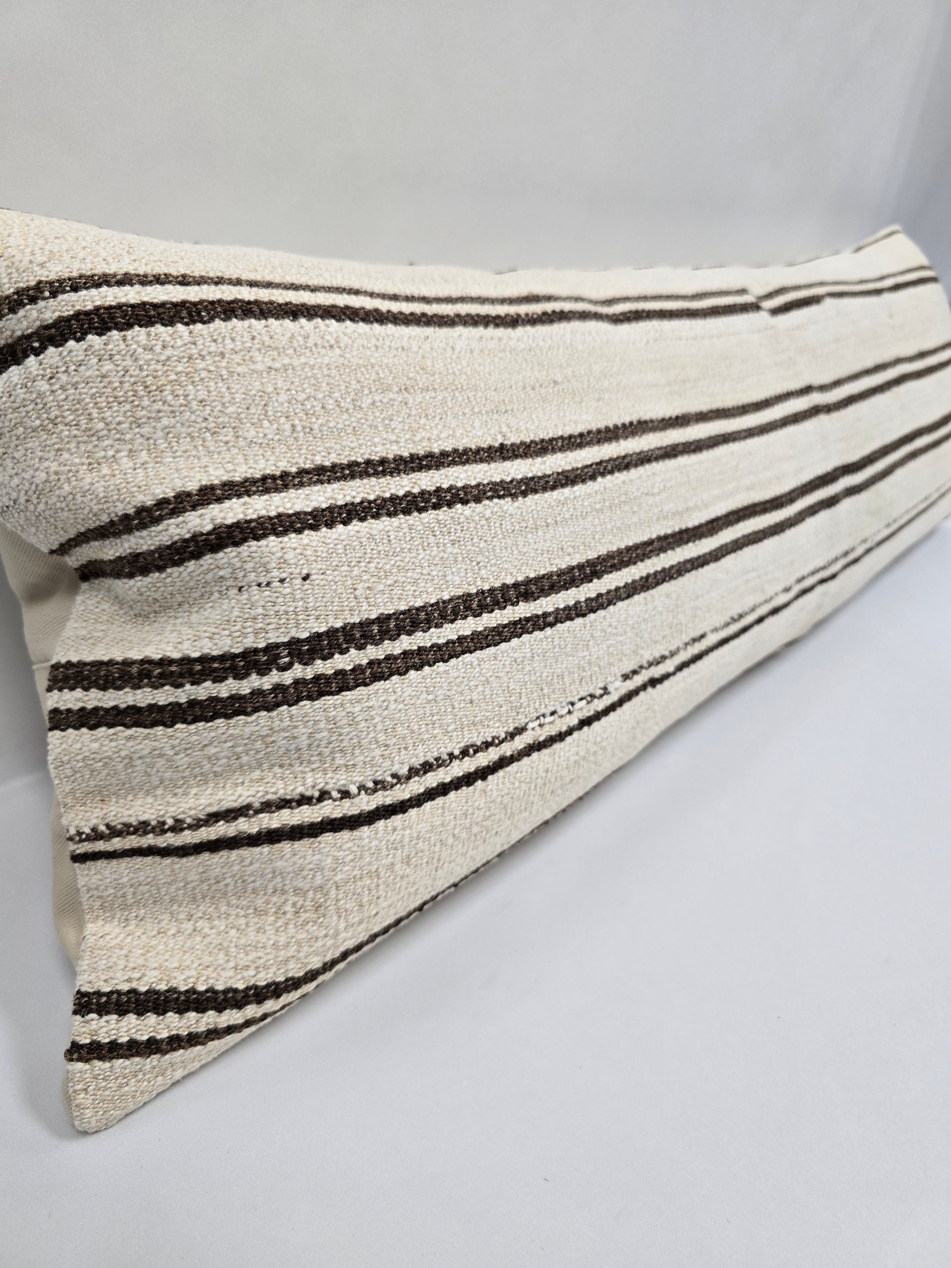 Turkish Lumbar Rug Pillow Cream Brown Cushion Cover Hemp Pillow 14" x 40" #9400