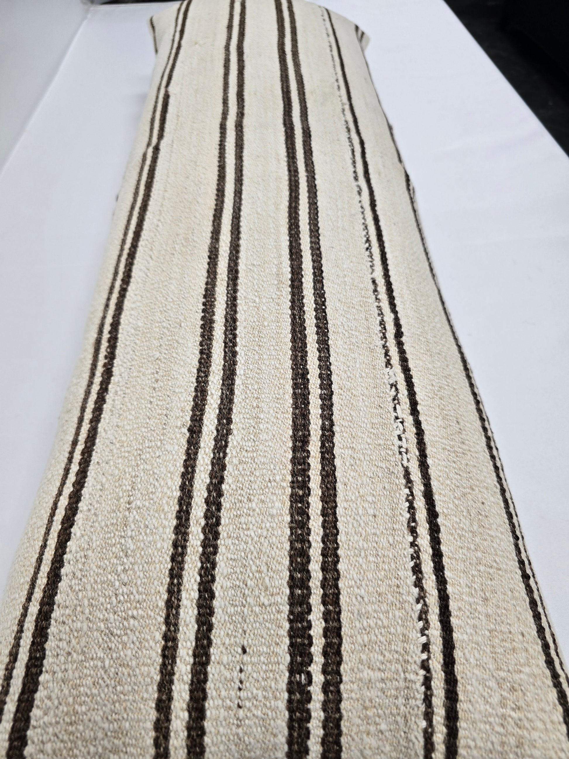 Turkish Lumbar Rug Pillow Cream Brown Cushion Cover Hemp Pillow 14" x 40" #9400