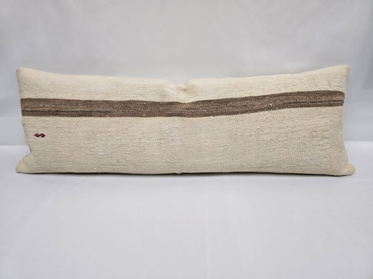 Turkish Lumbar Rug Pillow Cream Red Brown Cushion Cover Hemp Pillow 14" x 40" #9369