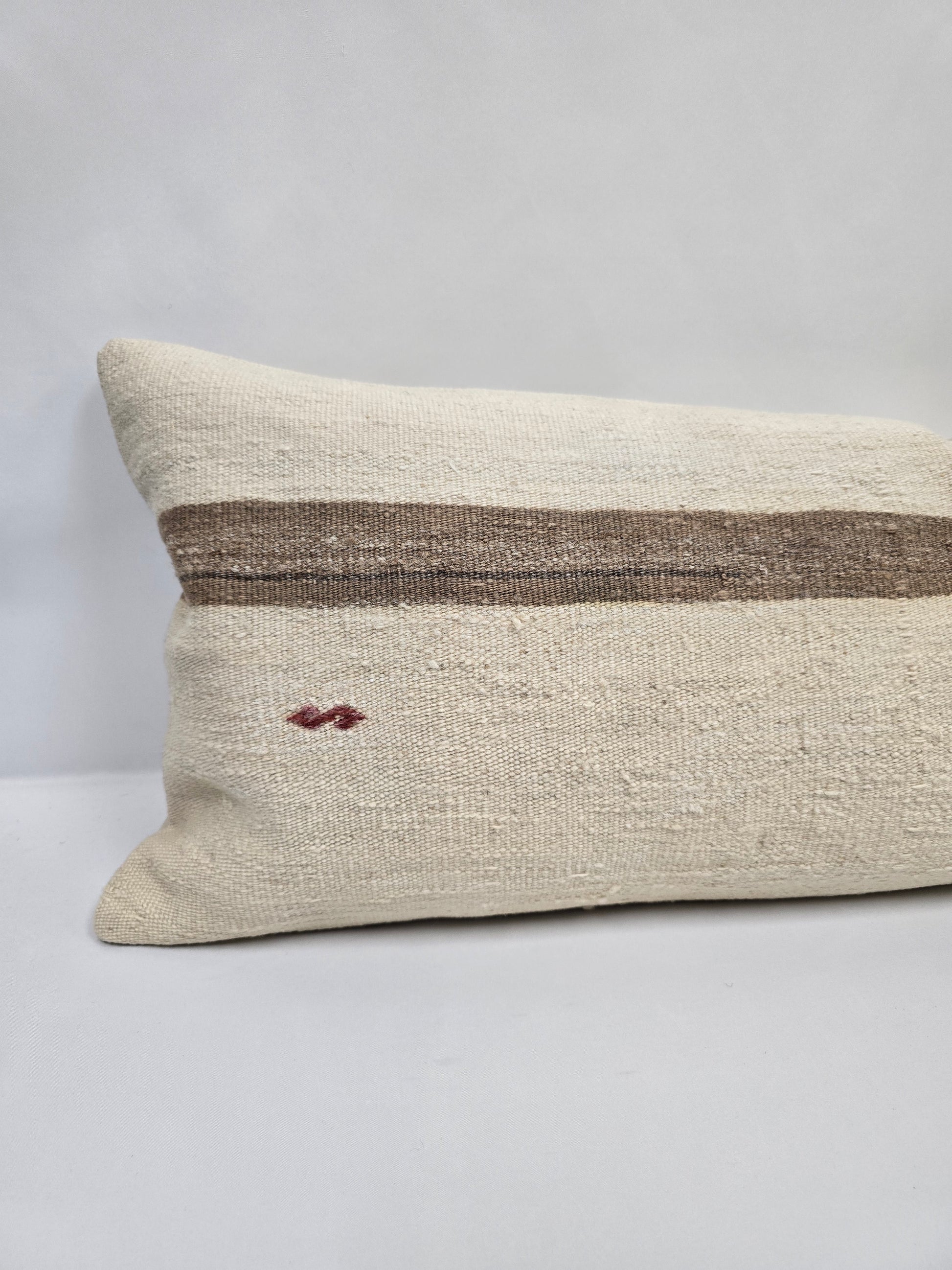 Turkish Lumbar Rug Pillow Cream Red Brown Cushion Cover Hemp Pillow 14" x 40" #9369