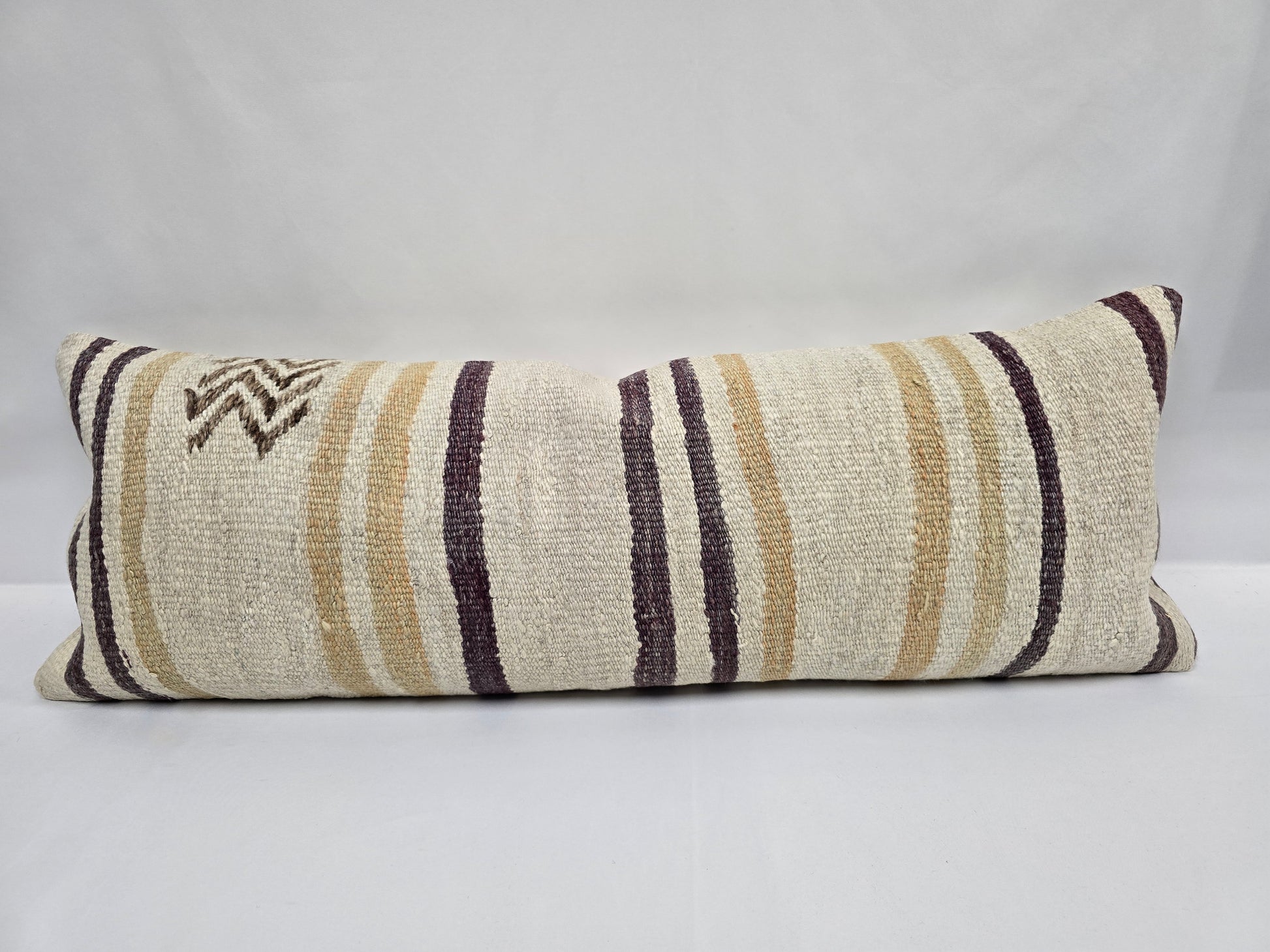 Turkish Lumbar Rug Pillow Cream Purple Brown Cushion Cover Hemp Pillow 14" x 40" #9368