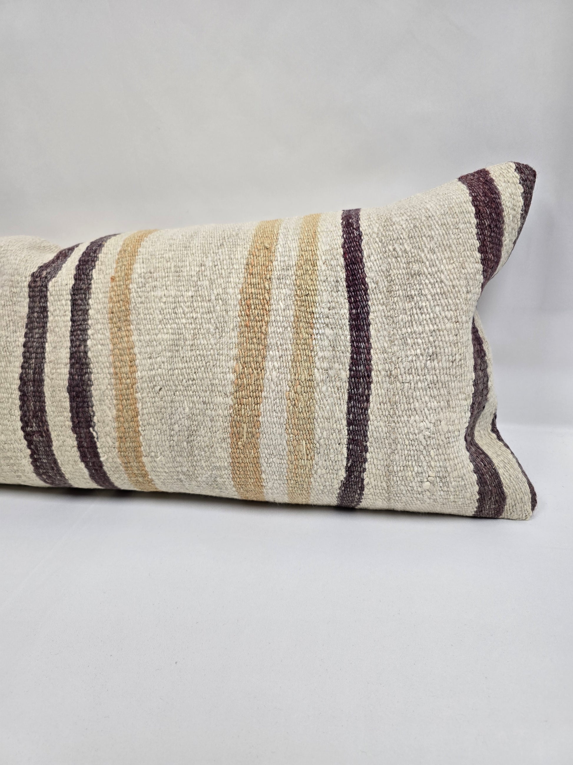 Turkish Lumbar Rug Pillow Cream Purple Brown Cushion Cover Hemp Pillow 14" x 40" #9368