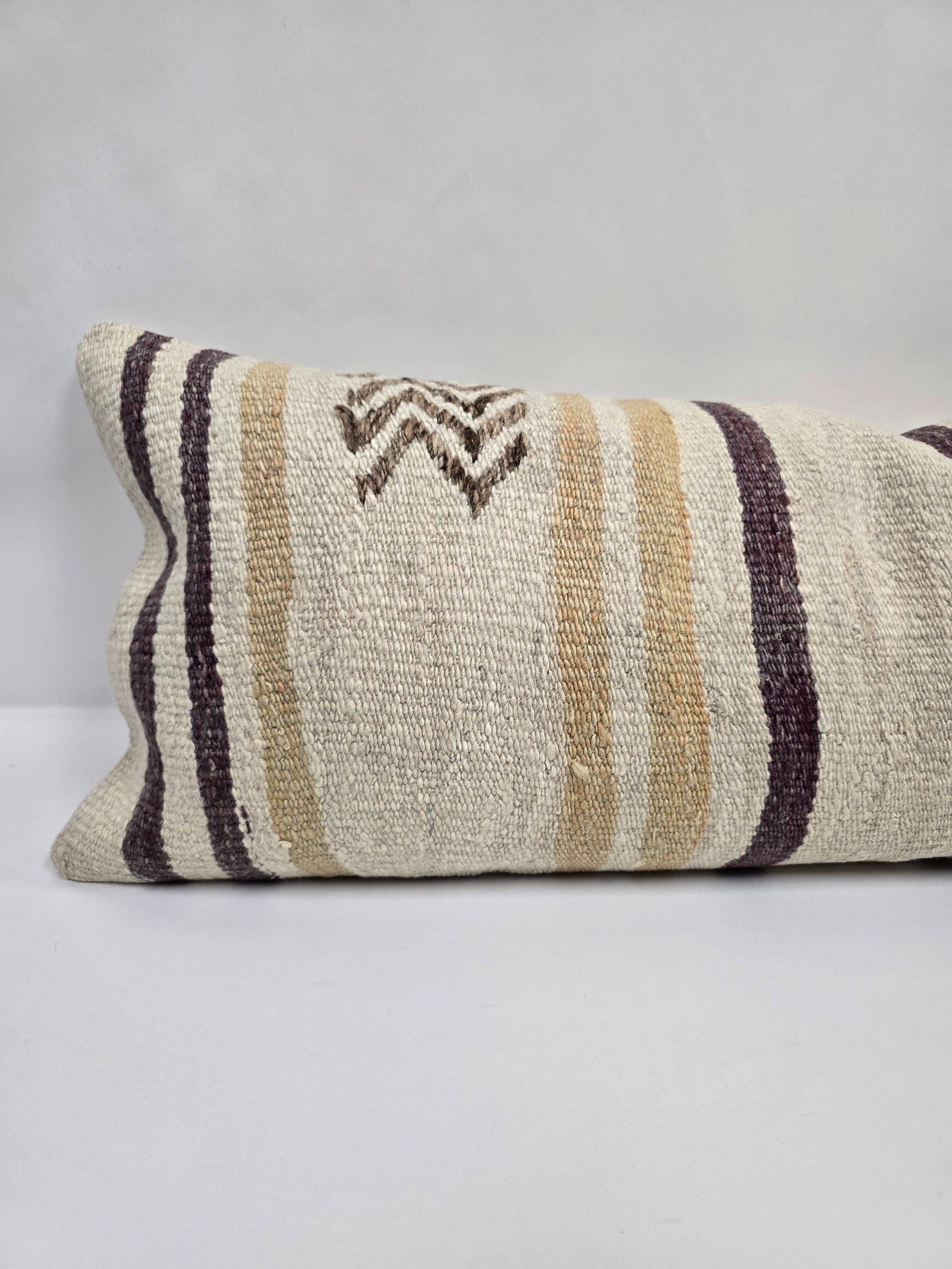 Turkish Lumbar Rug Pillow Cream Purple Brown Cushion Cover Hemp Pillow 14" x 40" #9368