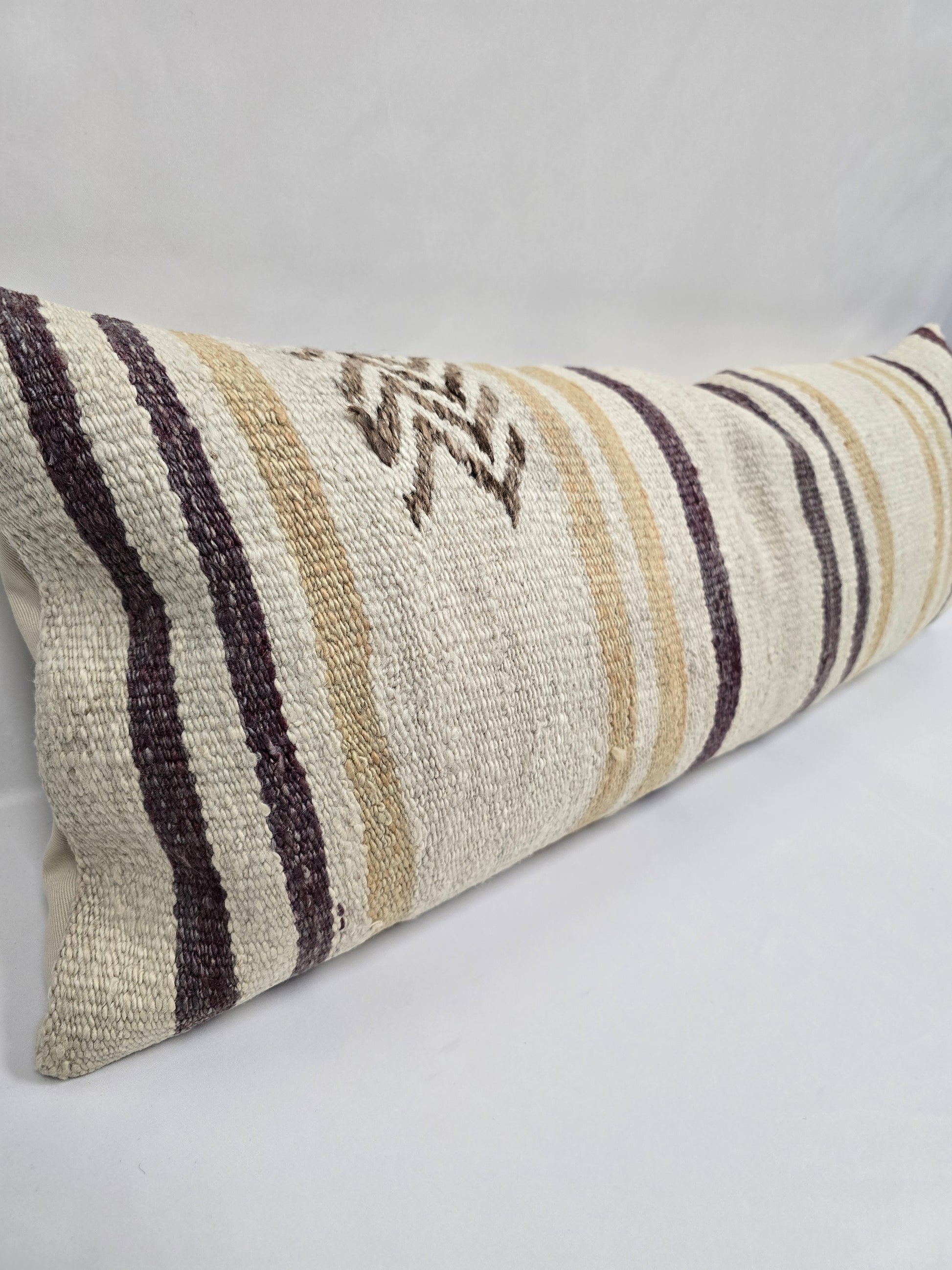 Turkish Lumbar Rug Pillow Cream Purple Brown Cushion Cover Hemp Pillow 14" x 40" #9368