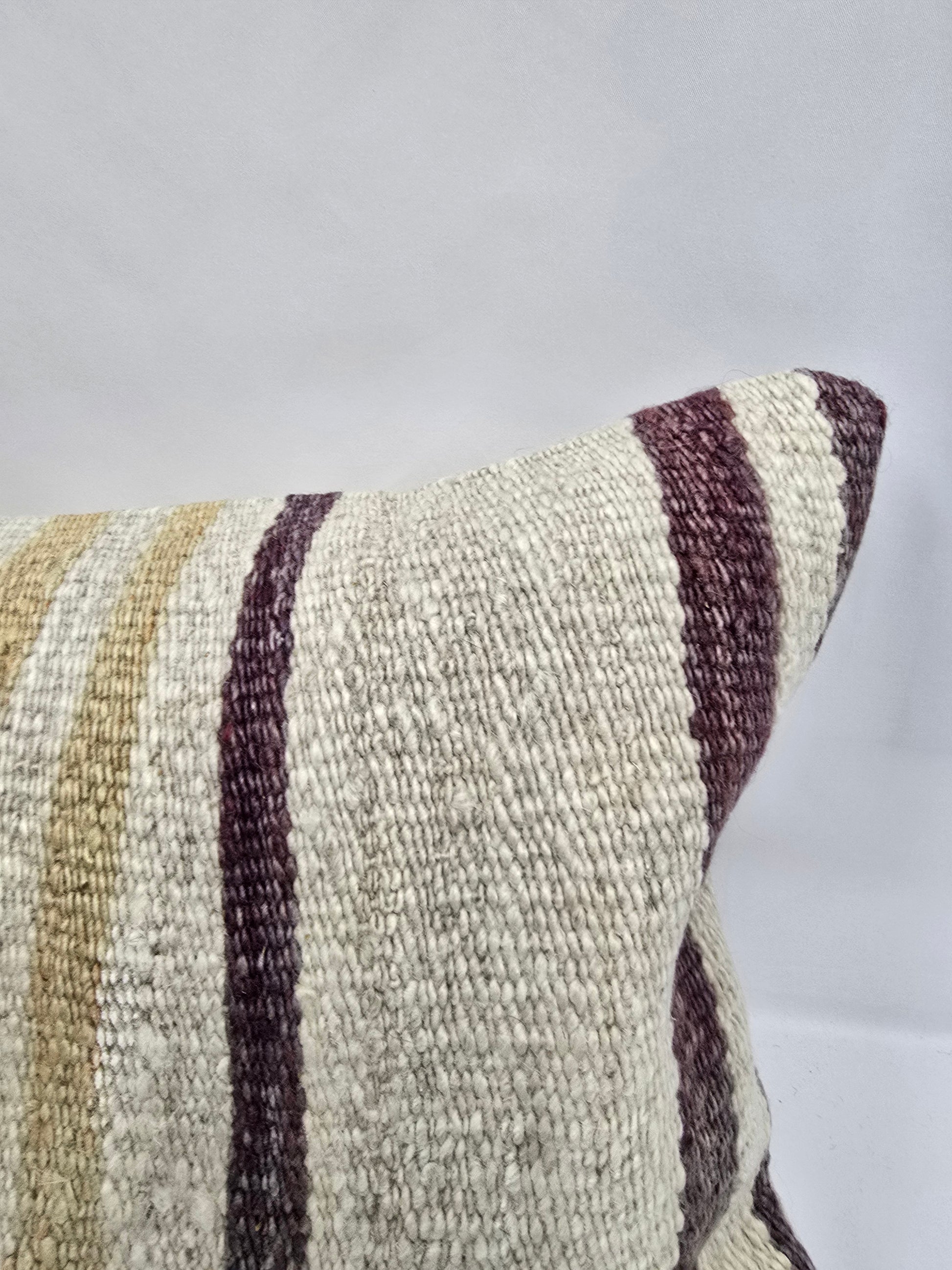 Turkish Lumbar Rug Pillow Cream Purple Brown Cushion Cover Hemp Pillow 14" x 40" #9368