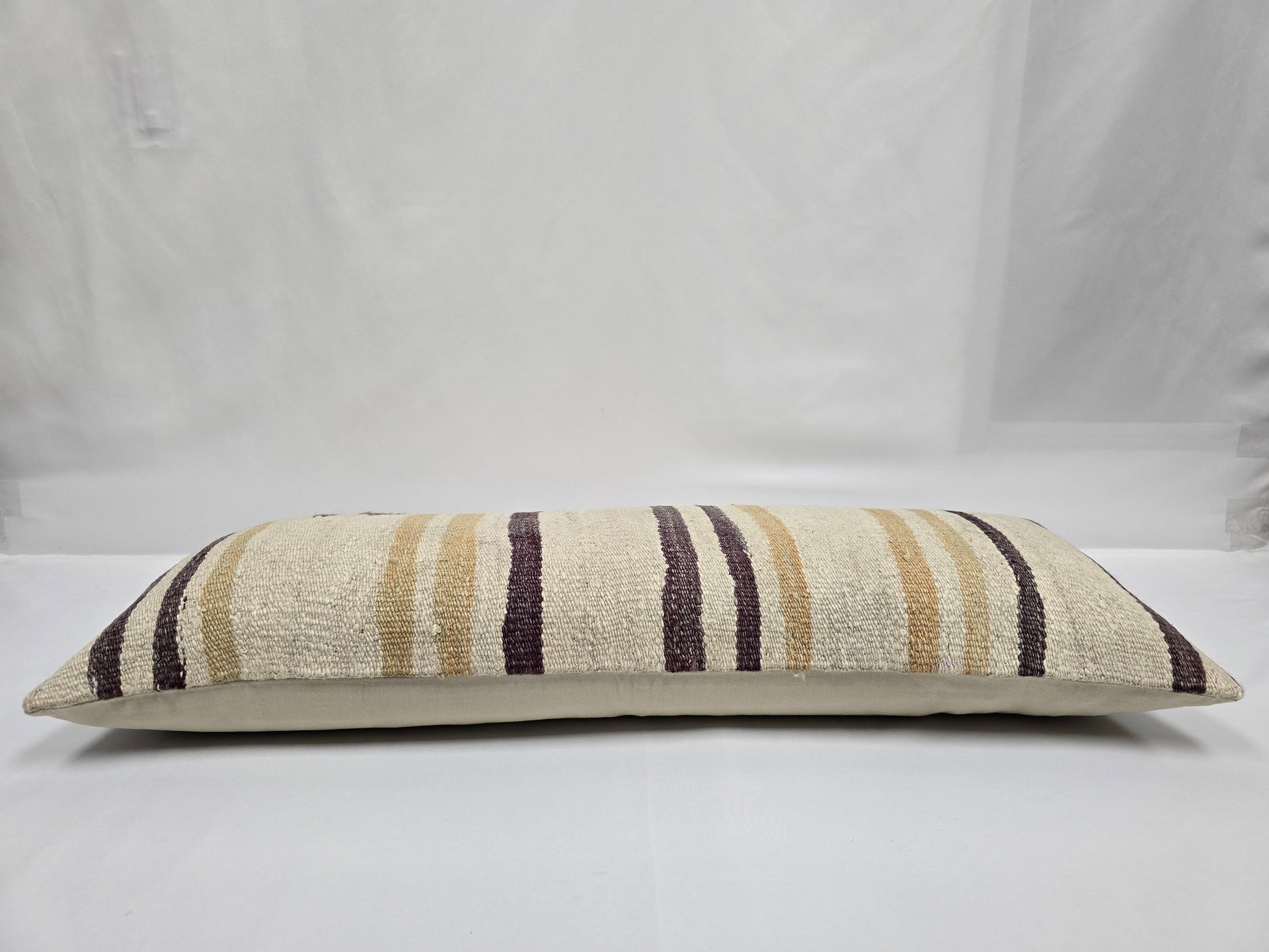 Turkish Lumbar Rug Pillow Cream Purple Brown Cushion Cover Hemp Pillow 14" x 40" #9368