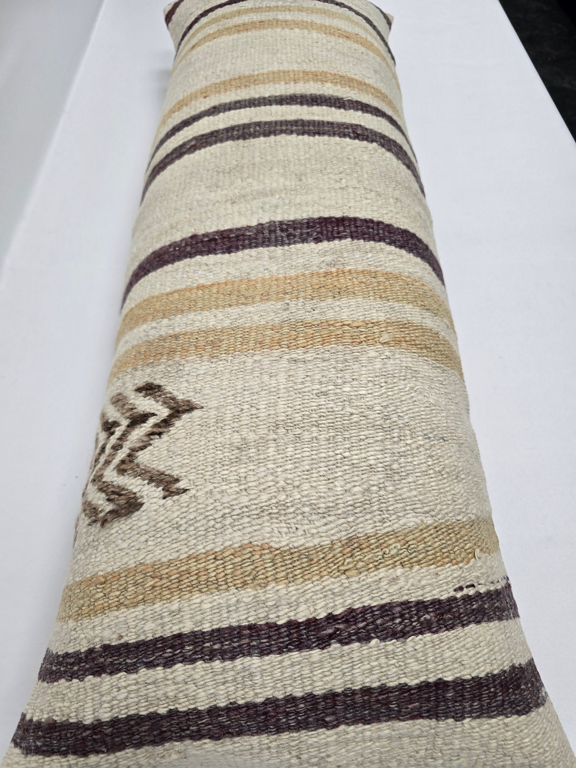 Turkish Lumbar Rug Pillow Cream Purple Brown Cushion Cover Hemp Pillow 14" x 40" #9368