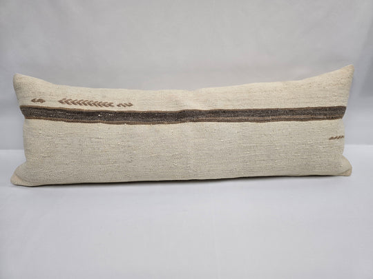 Turkish Lumbar Rug Pillow Cream Brown Cushion Cover Hemp Pillow 14" x 40" #9367