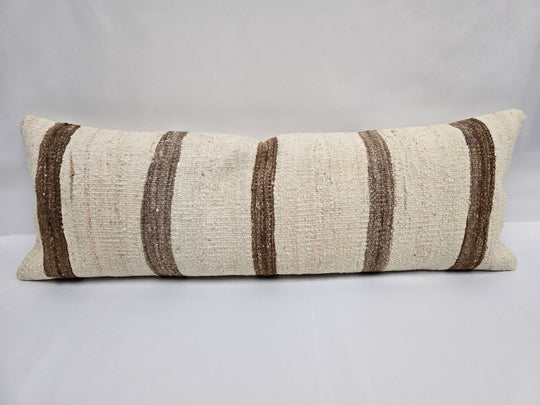 Turkish Lumbar Rug Pillow Cream Brown Cushion Cover Hemp Pillow 14" x 40" #9366
