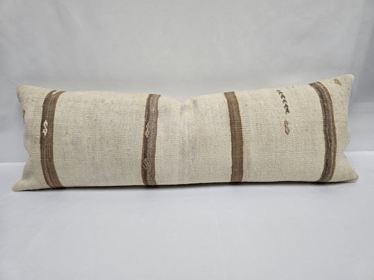 Turkish Lumbar Rug Pillow Cream Brown Cushion Cover Hemp Pillow 14" x 40" #9365