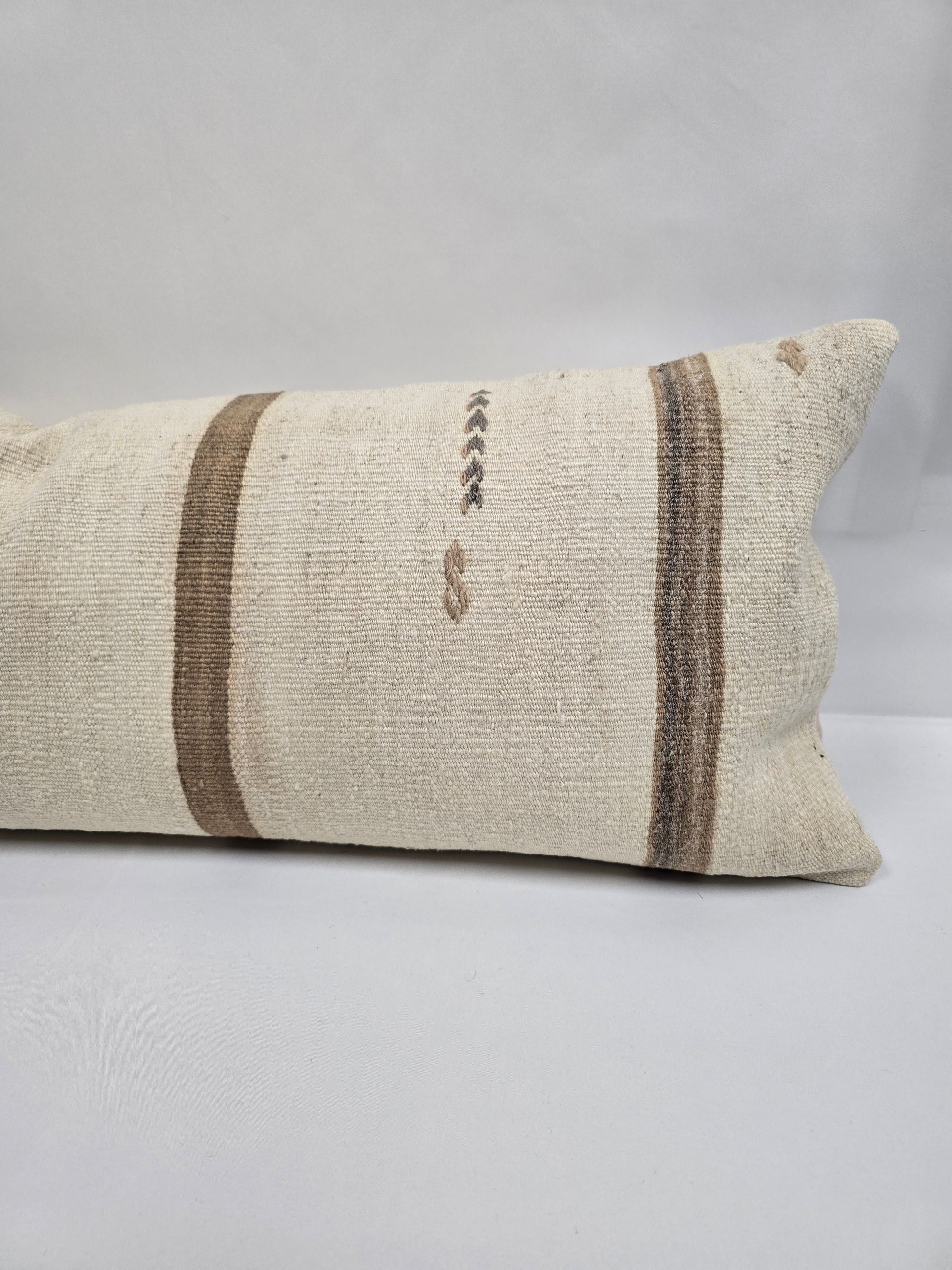 Turkish Lumbar Rug Pillow Cream Brown Cushion Cover Hemp Pillow 14" x 40" #9365
