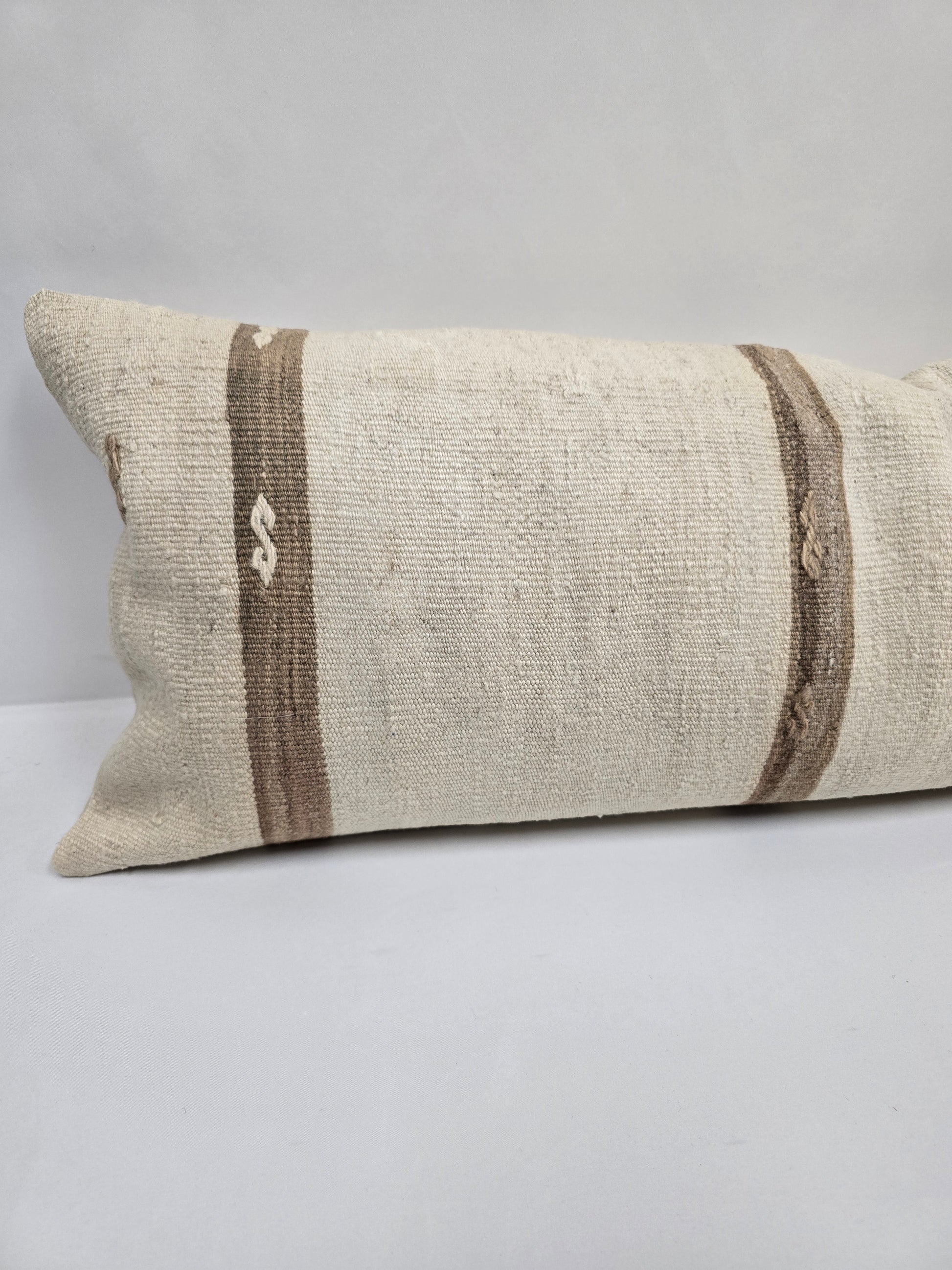 Turkish Lumbar Rug Pillow Cream Brown Cushion Cover Hemp Pillow 14" x 40" #9365