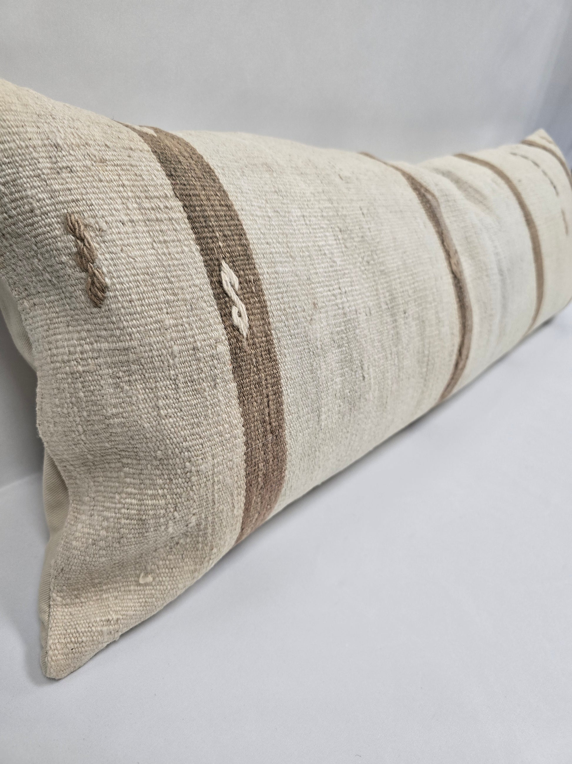 Turkish Lumbar Rug Pillow Cream Brown Cushion Cover Hemp Pillow 14" x 40" #9365