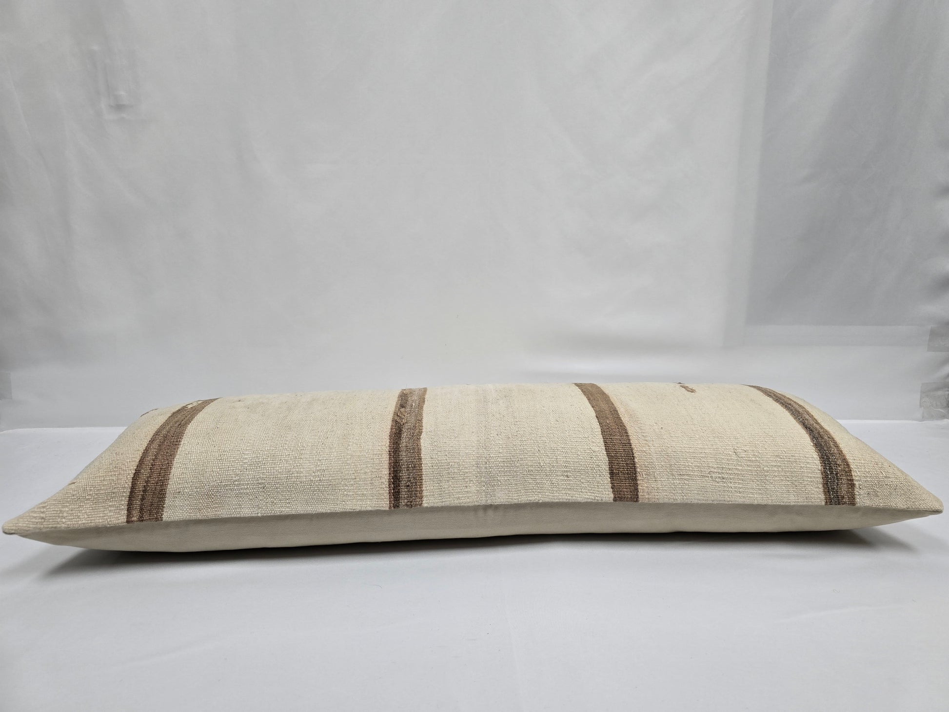 Turkish Lumbar Rug Pillow Cream Brown Cushion Cover Hemp Pillow 14" x 40" #9365