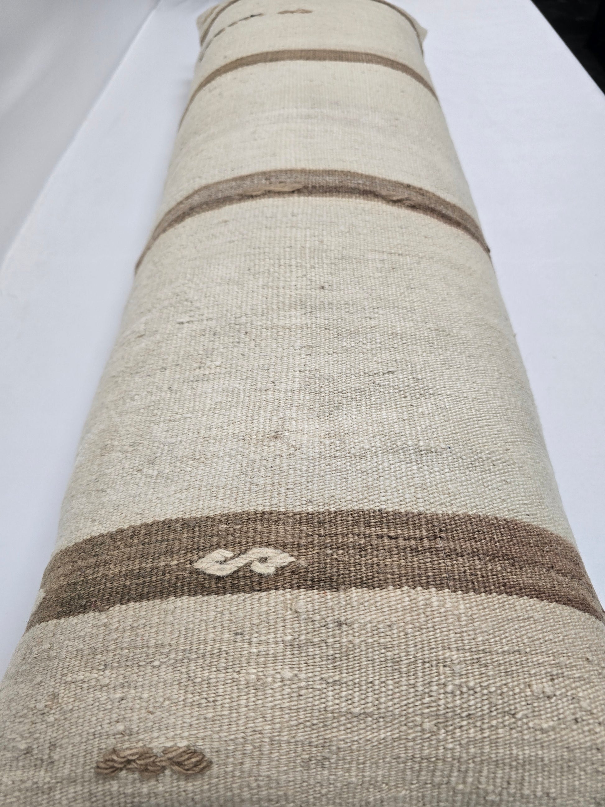 Turkish Lumbar Rug Pillow Cream Brown Cushion Cover Hemp Pillow 14" x 40" #9365