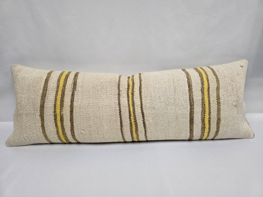 Turkish Lumbar Rug Pillow Cream Brown Yellow Cushion Cover Hemp Pillow 14" x 40" #9356