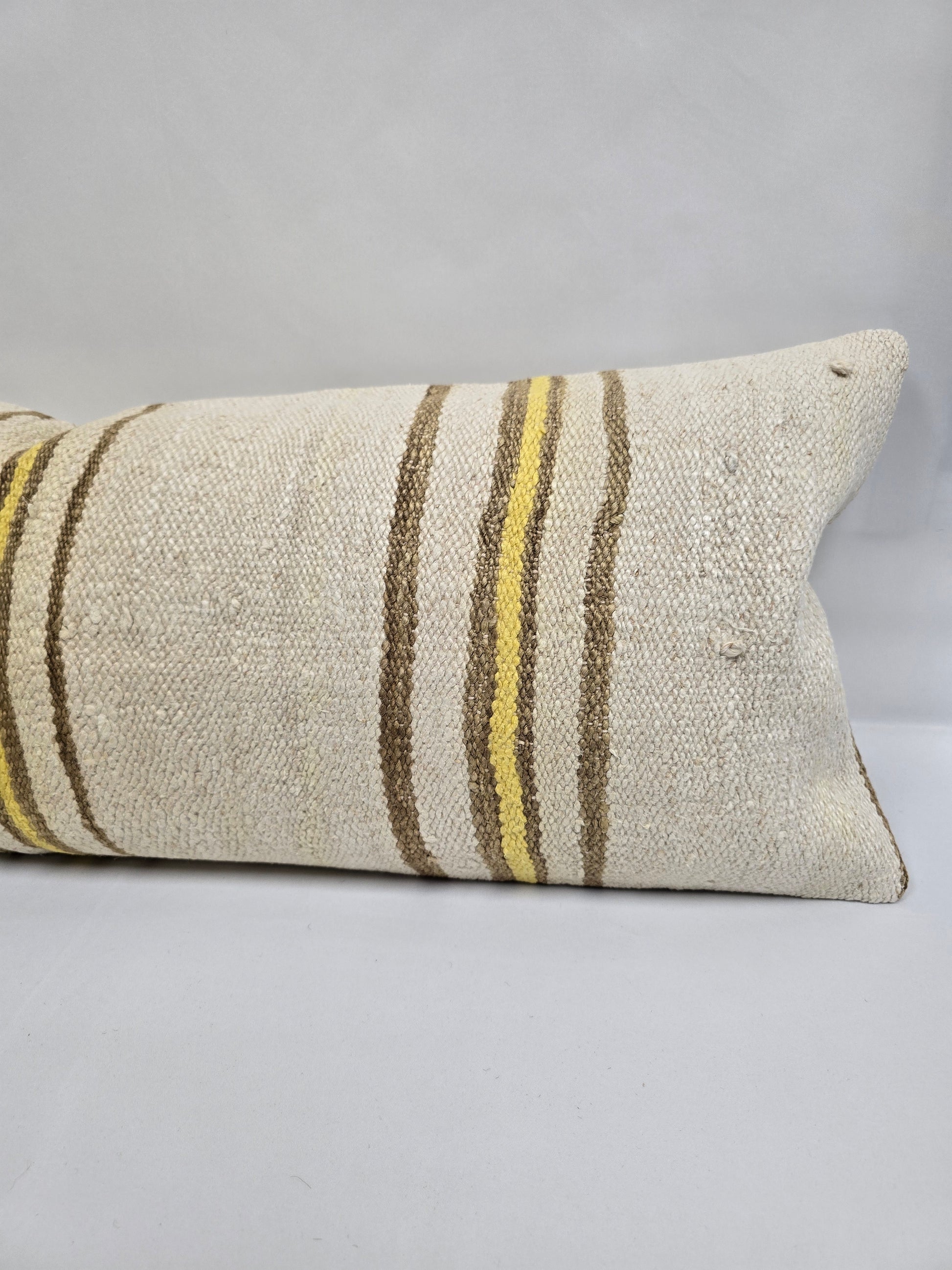 Turkish Lumbar Rug Pillow Cream Brown Yellow Cushion Cover Hemp Pillow 14" x 40" #9356