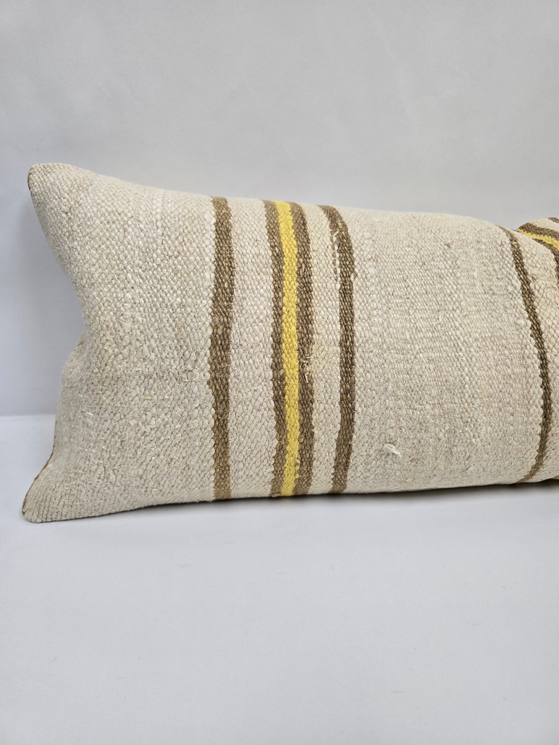 Turkish Lumbar Rug Pillow Cream Brown Yellow Cushion Cover Hemp Pillow 14" x 40" #9356
